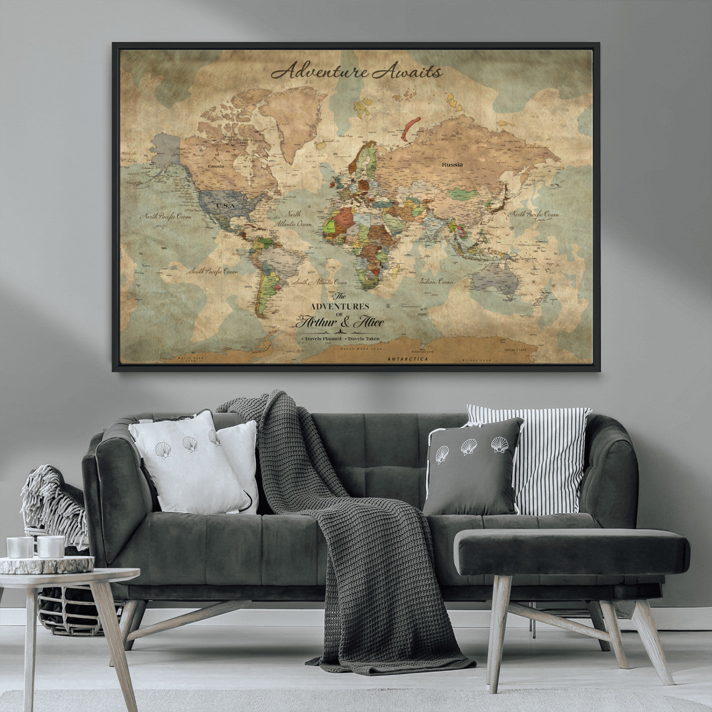 Rehber01-MGV-CV-36X24-Personalized Vintage World Map Canvas Print – Custom Push Pin Travel Map Antique Style Gift for Couples Travelers for Home Office
