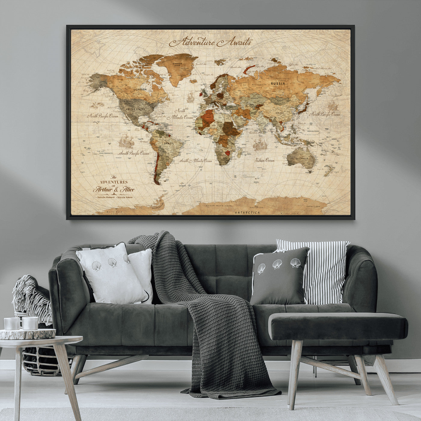 Rehber01-MGV-CV-36X24-Customizable Framed World Map Canvas Print – Personalized Push Pin Travel Map Gift for Couples Explorers for Home, Office