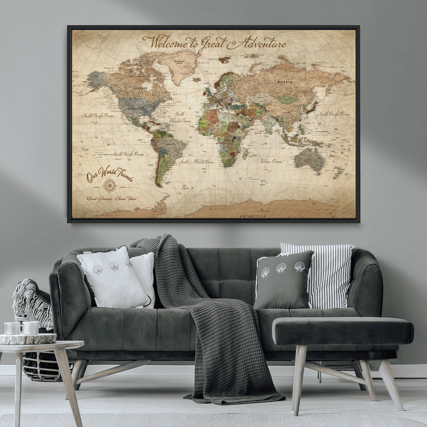-Personalized Antique World Map Canvas Print – Custom Push Pin Travel Tracker Vintage Adventure Gift for Couples for Home, Office