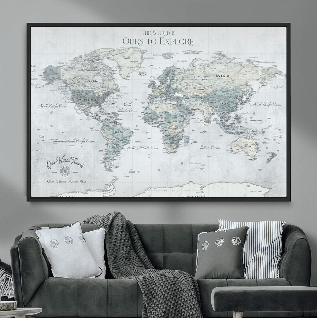 73654056-MGV-FC-36X24 - Personalized Push Pin World Map Canvas Print – Custom Framed Travel Tracker Artwork for Couples or Home Decor