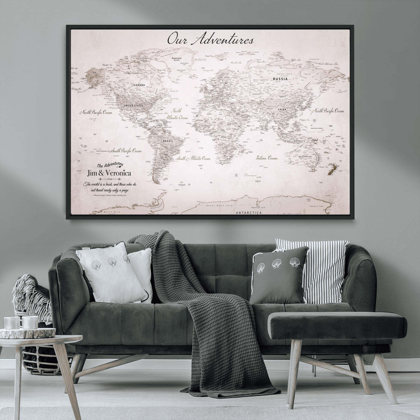 -Customize Push Pin World Map Wall Art Canvas Print – Personalized Travel Map with Foam Pins Framed for home, office
