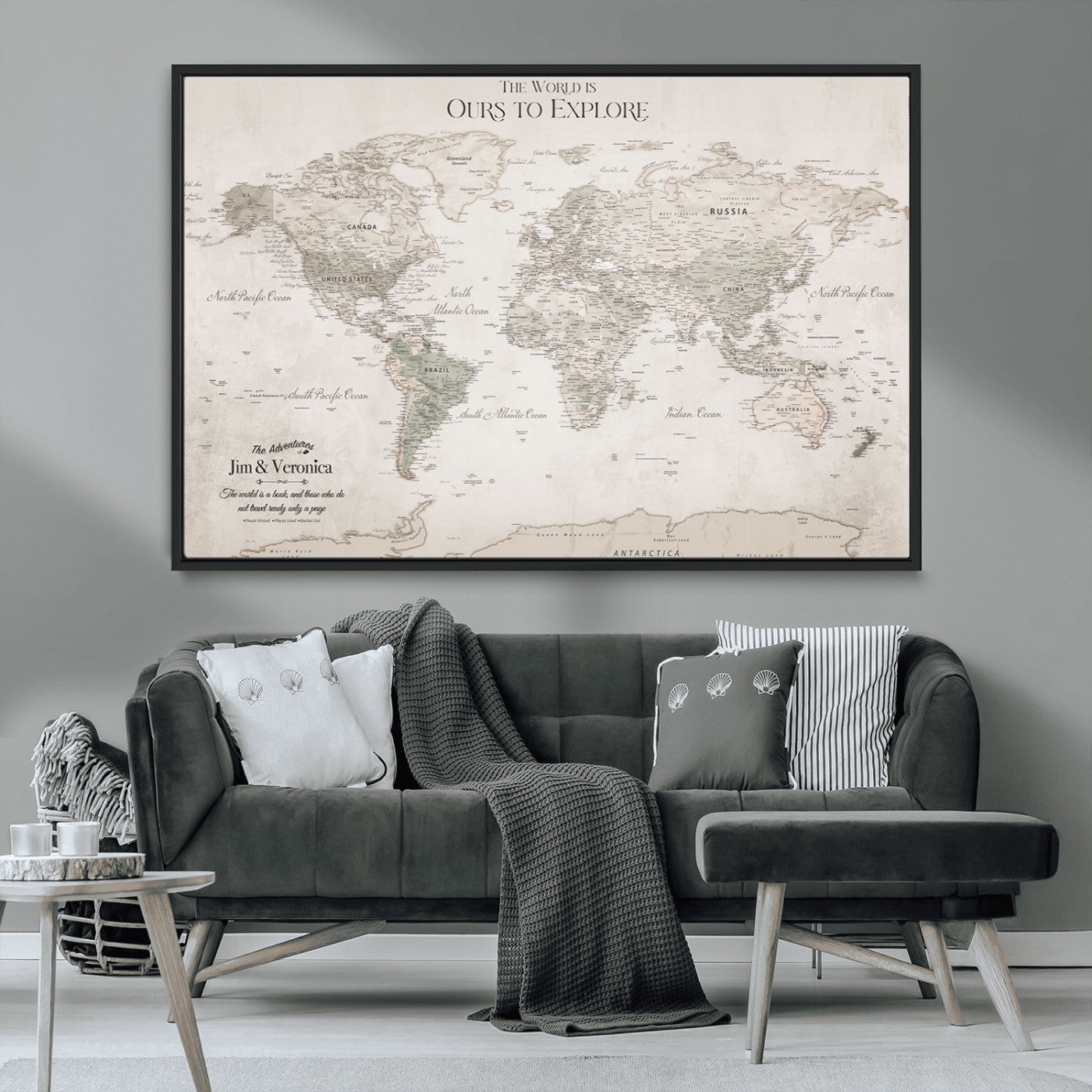 -Personalized Push Pin World Map Wall Art Canvas Print – Custom Framed Travel Tracker Gift for Couples or Family for home, office