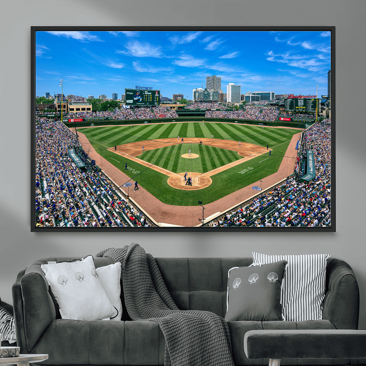 35800083-MGV-FC-36X24 - Wrigley Field Baseball Stadium Canvas Wall Art – Packed Crowd Sports Stadium City Skyline Artwork for Home Office