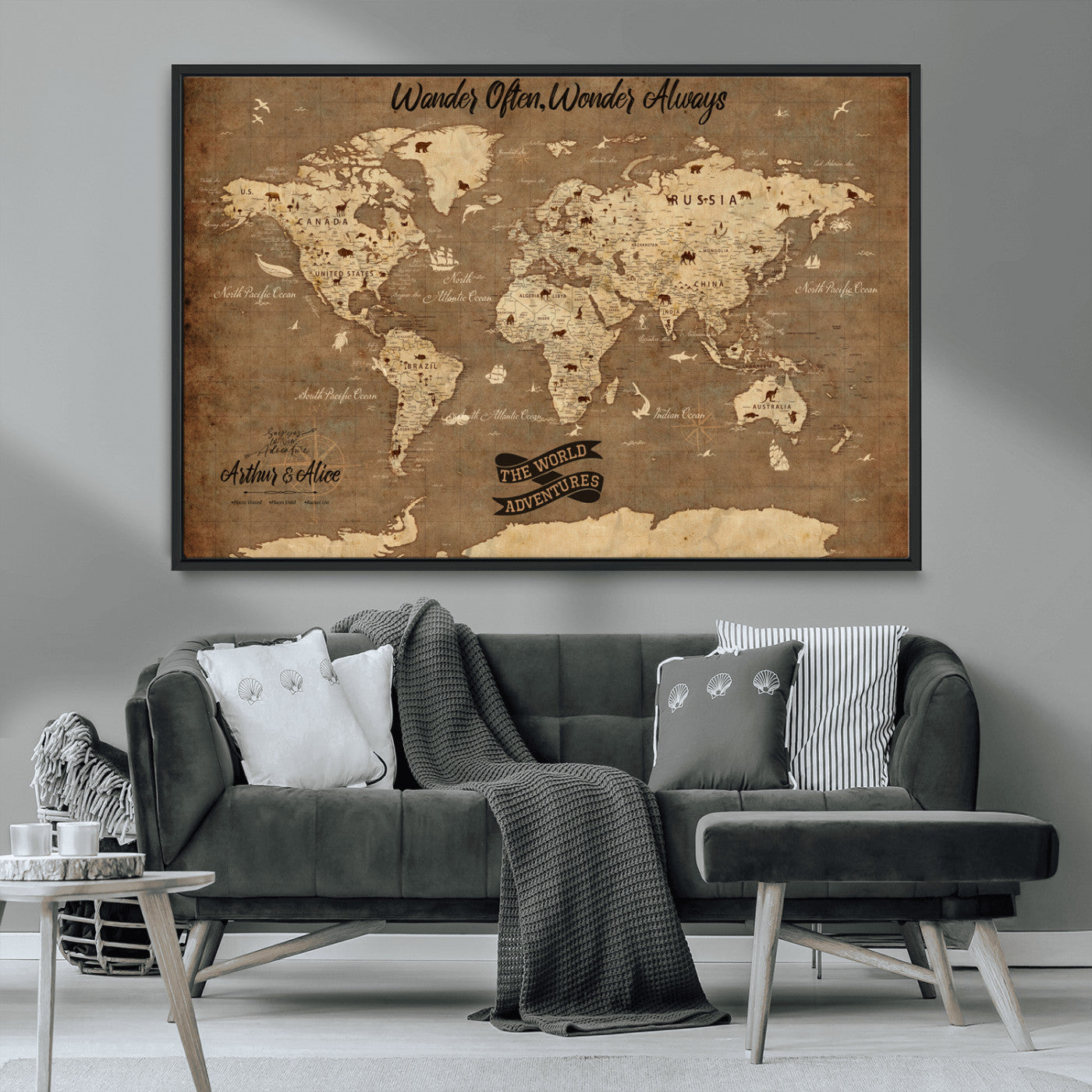 Rehber01-MGV-CV-36X24-Customize Push Pin World Map Wall Art Canvas Print – Personalized Kids Room Framed Map Adventure Travel for home, office