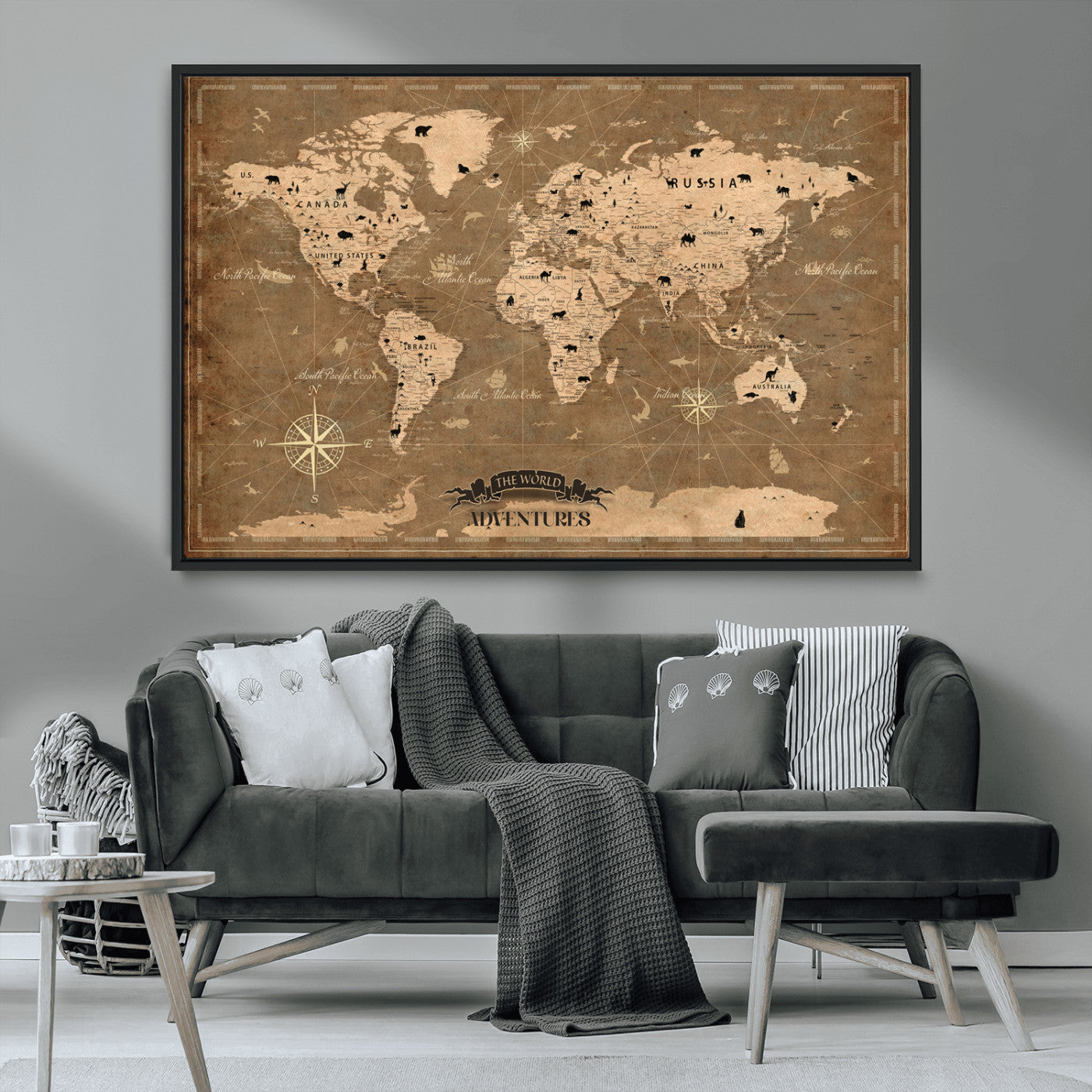 Rehber01-MGV-CV-36X24-Customize Push Pin World Map Wall Art Canvas Print – Personalized Kids Room Framed Map Travel Tracker for home, office