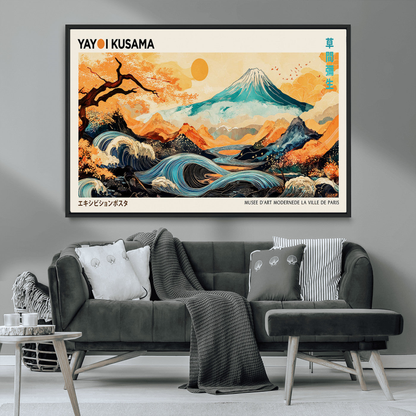 94085549-MGV-CV-36X24-Yayoi Kusama Inspired Japanese Landscape Art Print, Vibrant Mount Fuji Waves & Autumn Trees, Modern Decorative Poster for Stylish Wall Decor