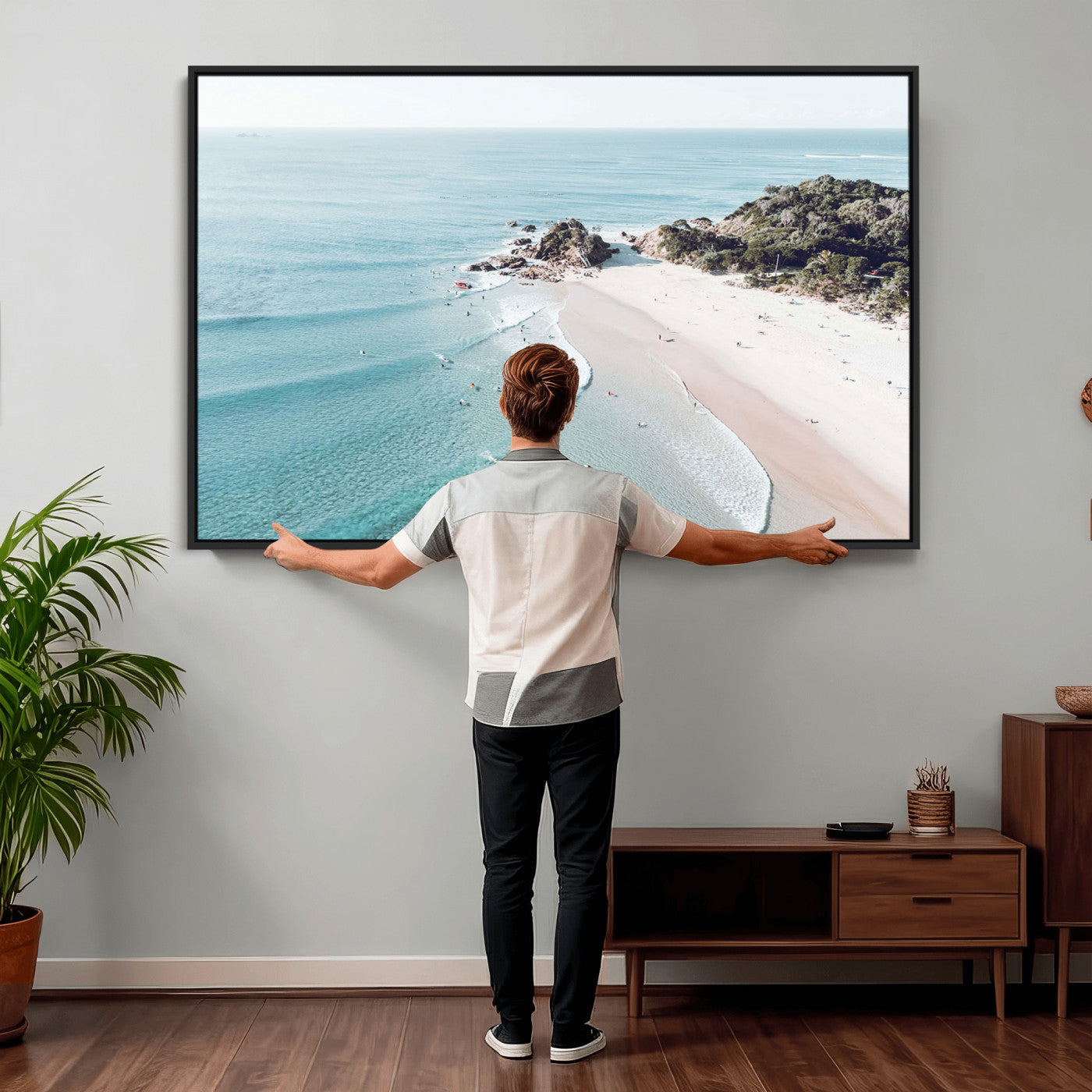79395467-MGV-CV-36X24 - Aerial Beach Wall Art Canvas Print, Coastal Ocean Waves and Surfers Scenic Seaside Artwork for Home, Office Decor