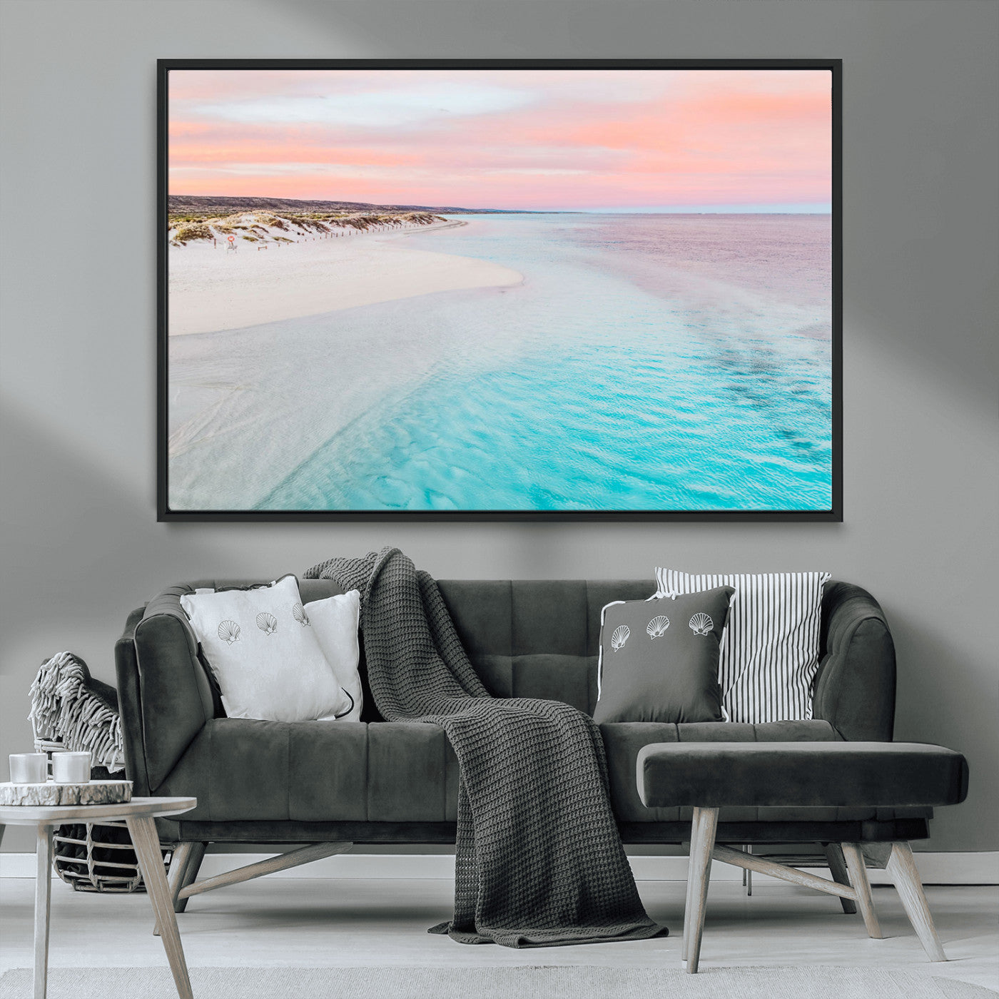 41613614-MGV-CV-36X24-Serene Pastel Beach Wall Art Canvas Print, Tranquil Coastal Sunset with Soft Ocean Hues Artwork for Home, Office