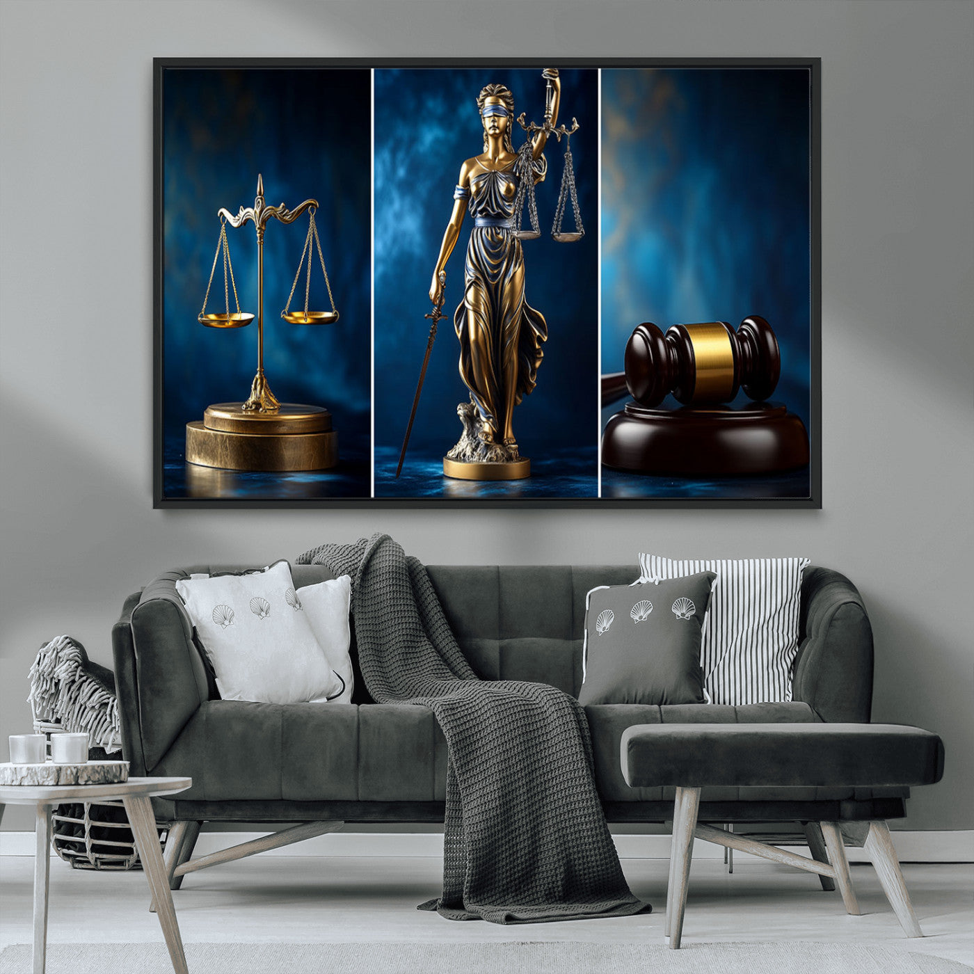 87750525-MGV-CV-36X24-Justice Scales Statue Wall Art, Lady Justice Sculpture Canvas Print, Legal Law Decor, Courtroom