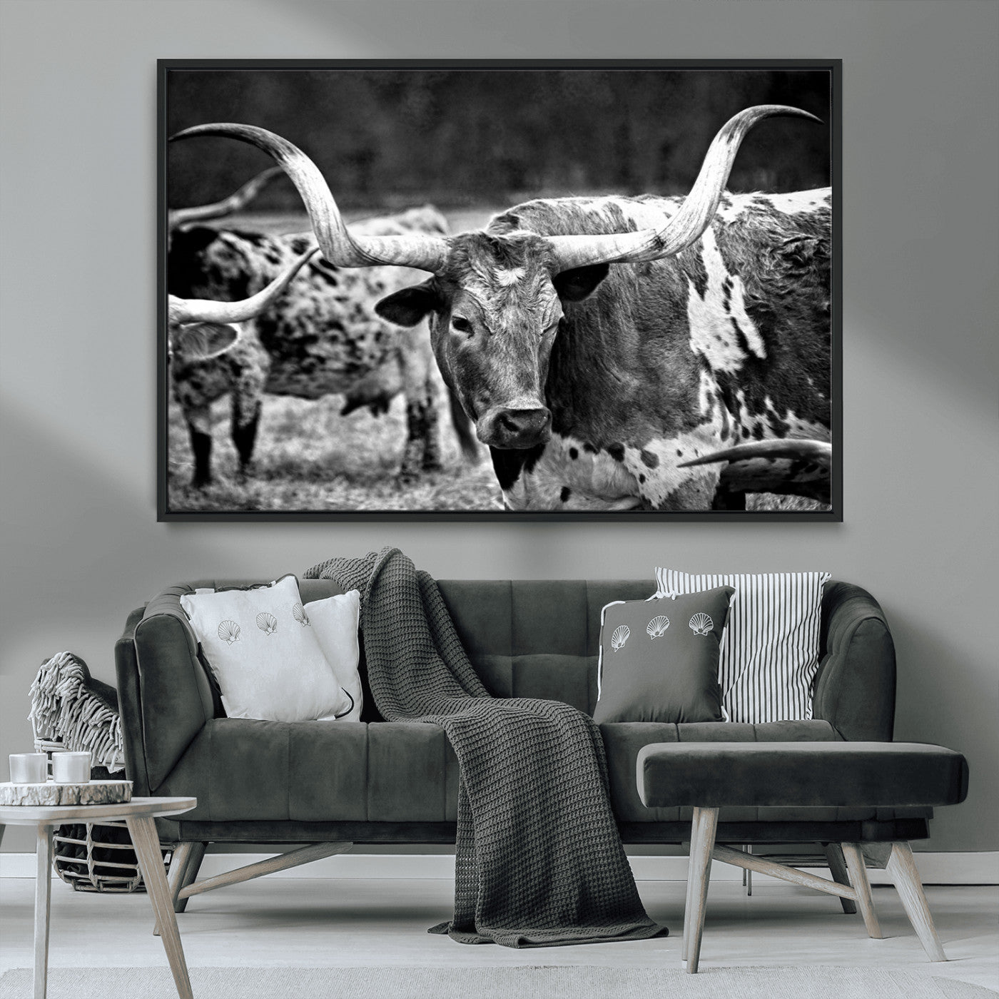 15425553-MGV-CV-36X24-Black & White Longhorn Cattle Wall Art Canvas Print, Rustic Farmhouse Western Design Artwork for Home, Office