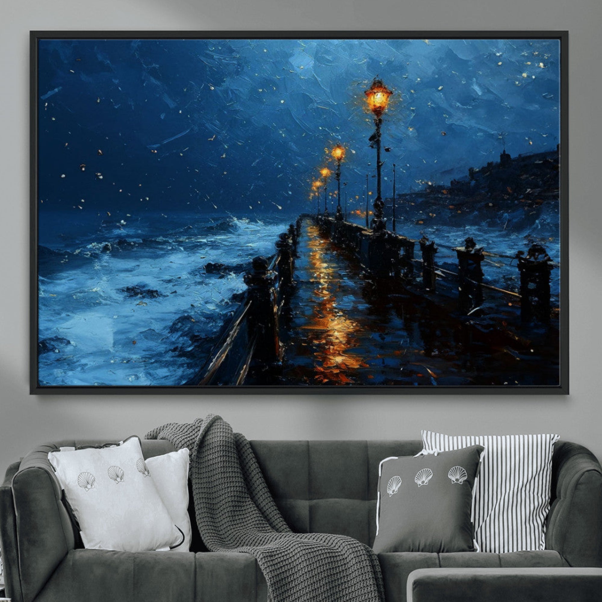 48300530-MGV-CV-36X24-Dark Stormy Pier Wall Art Canvas Print, Moody Ocean Night Scene with Street Lamps Coastal Decor for Home, Office