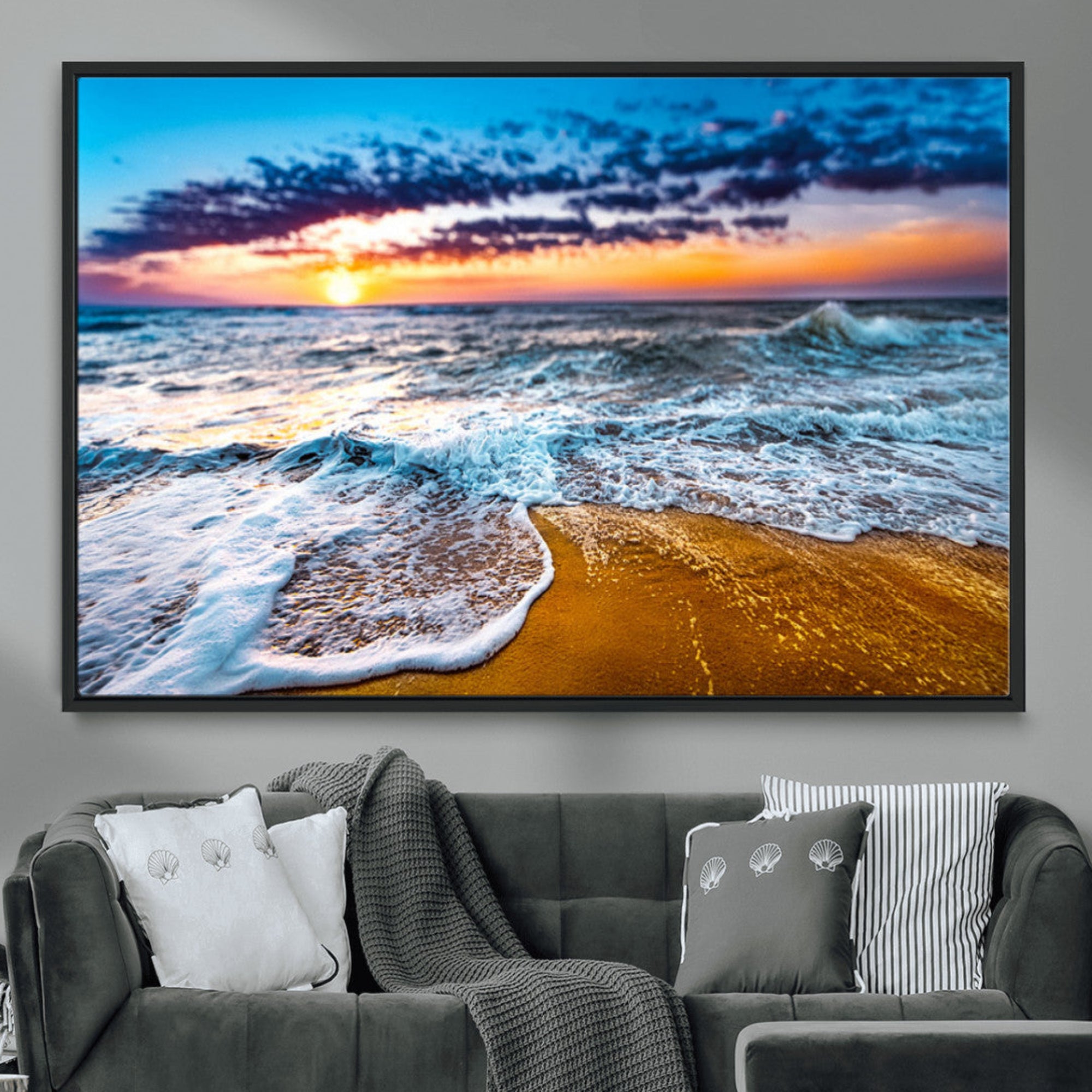 24077769-MGV-CV-36X24-Wall Art Canvas Print Ocean Waves Beach Sunset, Foam Golden Sand, Blue Sky Clouds Vibrant Seascape Artwork for Home, Office