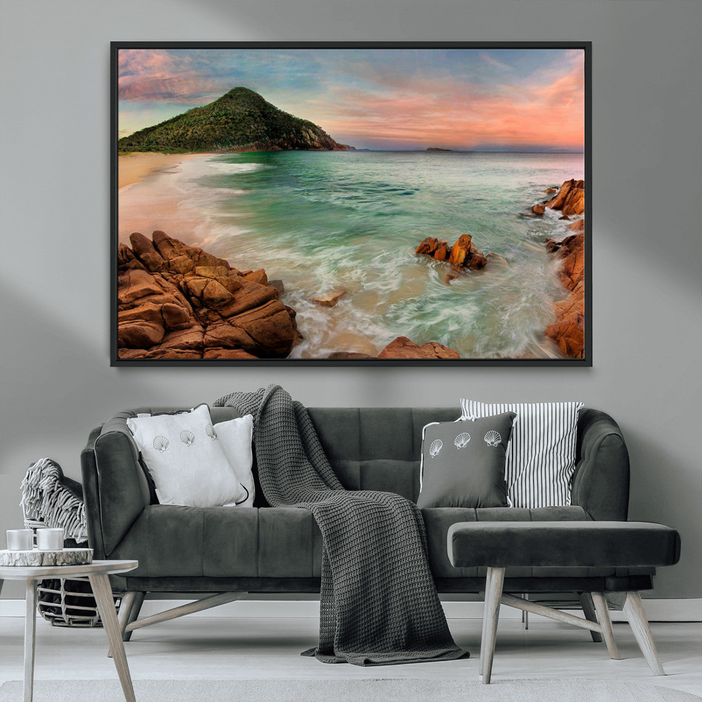 53831025-MGV-CV-36X24-Stunning Coastal Landscape with Rocky Shore and Green Hills at Sunset – Beautiful Ocean View Wall Art Canvas Print for Serene Home Decor.