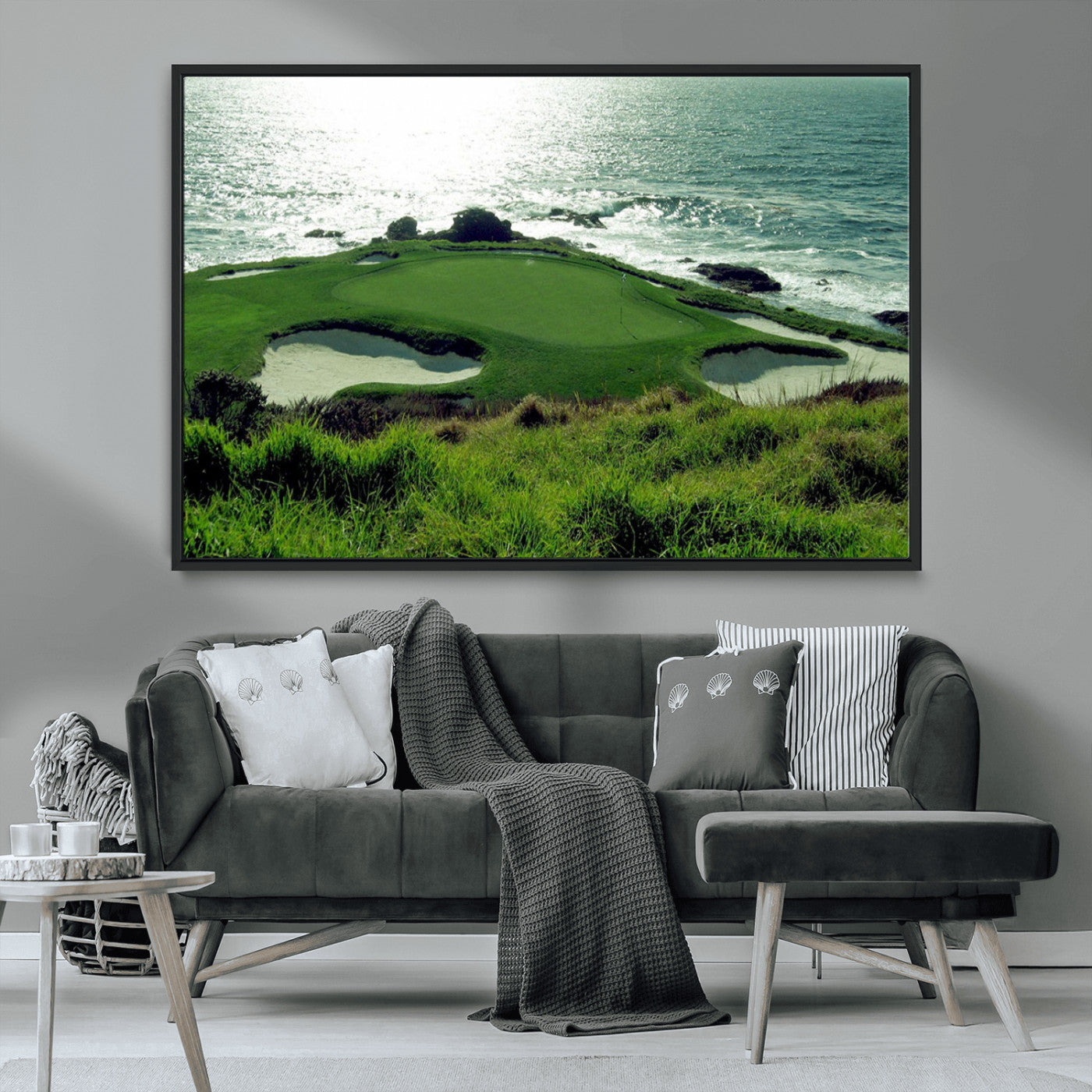 -Coastal Golf Course Wall Art Canvas Print – Scenic Green Surrounded by Sand Bunkers and Ocean Waves Artwork for Home, Office