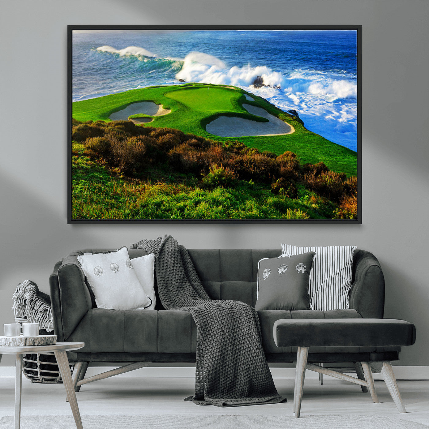 34181847-MGV-CV-36X24-Coastal Golf Course Wall Art Canvas Print – Vibrant Green with Sand Bunkers Overlooking Ocean Waves Artwork for Home, Office