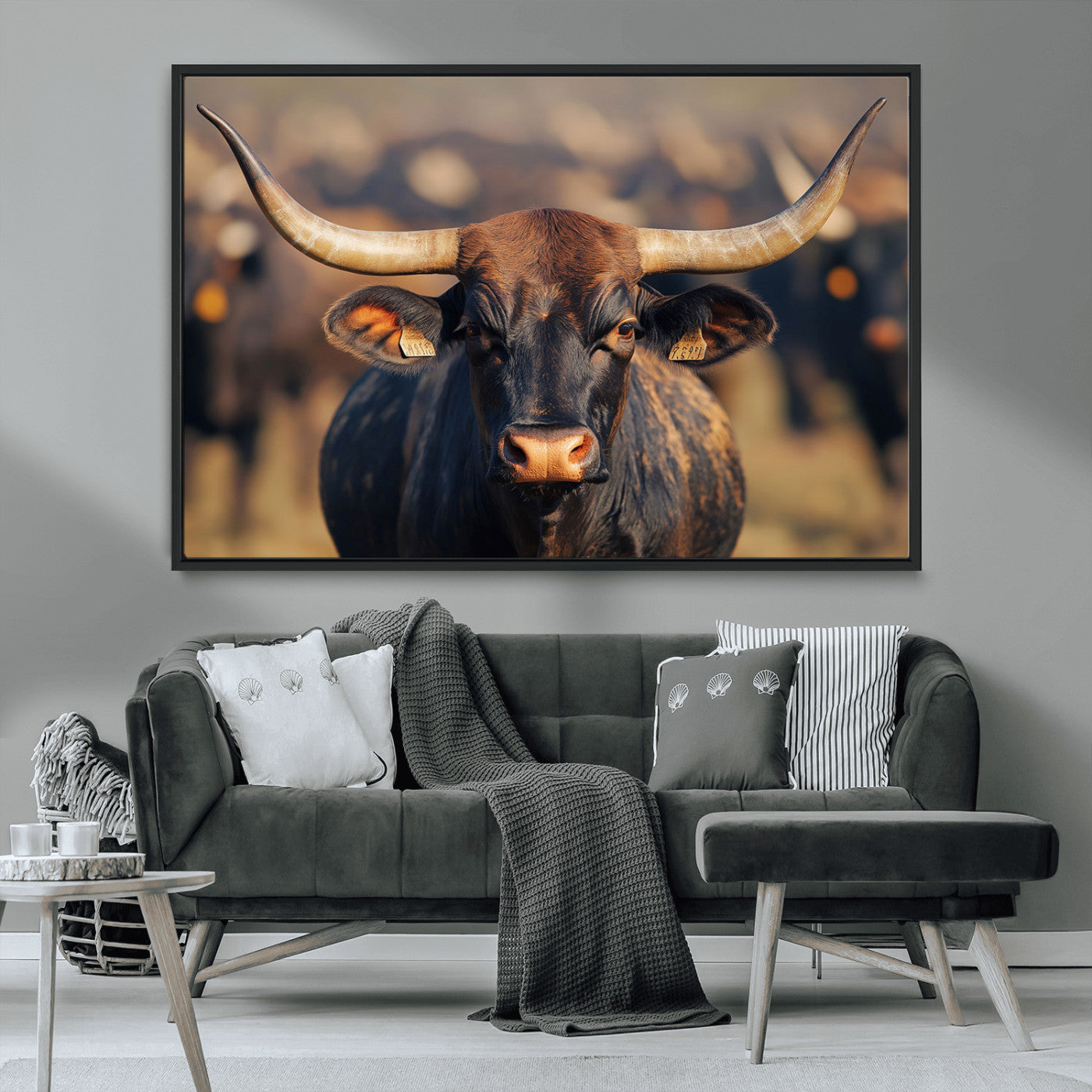 -Majestic bull head close-up, long curved horns, detailed fur texture, warm sunlight, focused gaze,