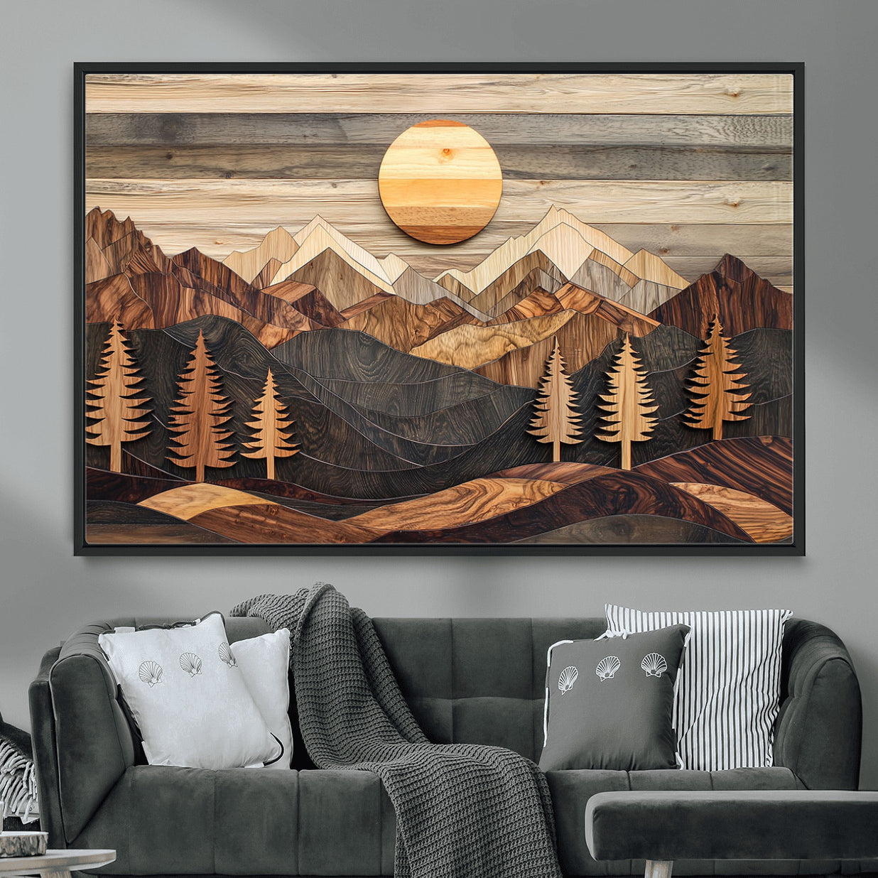 19832326-MGV-FC-36X24 - Wooden Mountain Landscape Layered Texture Geometric Shapes Sun Pine Trees Rustic Natural Tones Art