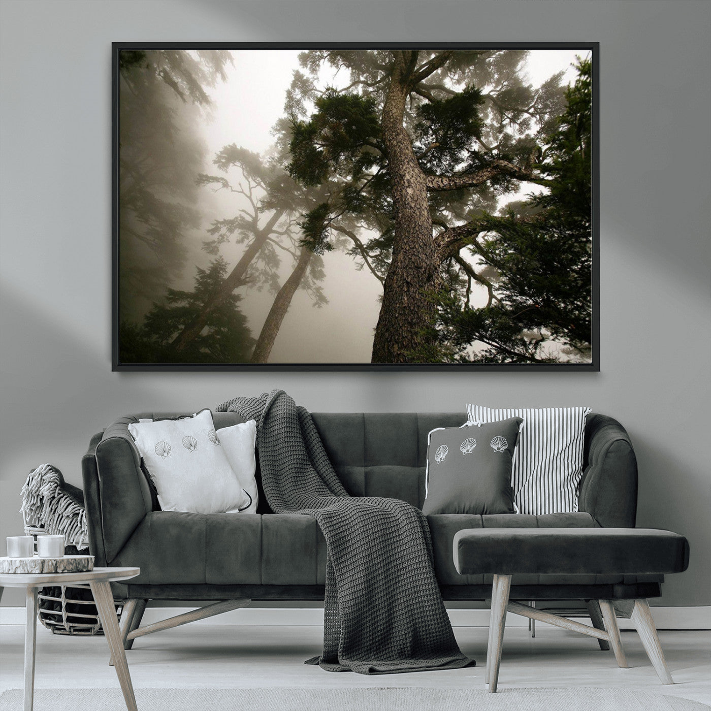 87969493-MGV-CV-36X24-Misty Forest Tall Trees Foggy Atmosphere Nature Serenity Calm Wooded Landscape Tranquil Scene