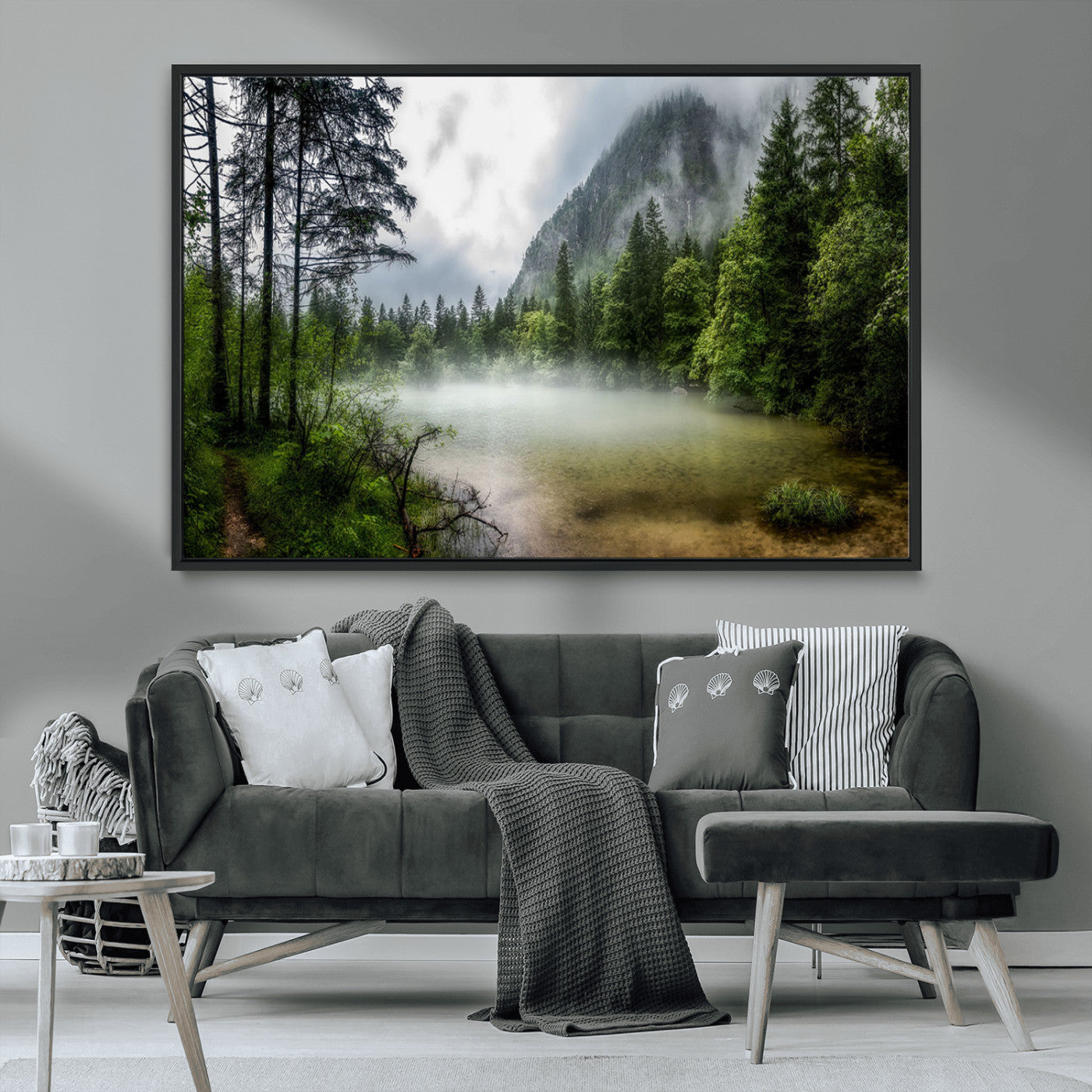 93123937-MGV-CV-36X24-Misty Lake Forest Green Trees Calm Water Reflection Mountain Fog Nature Landscape Outdoor Scenic Beauty Wall Art Canvas Print