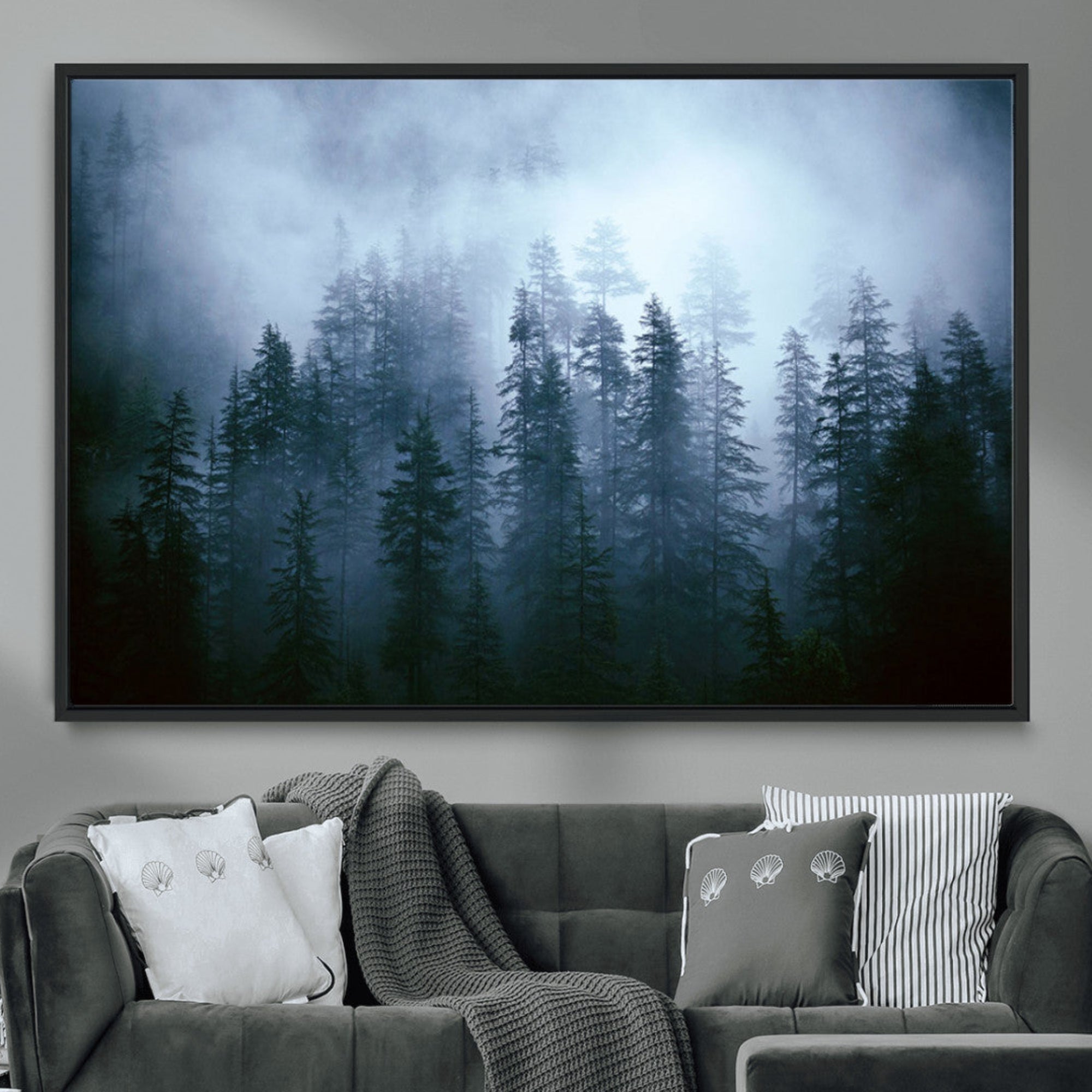 93439624-MGV-CV-36X24-Foggy Evergreen Pines Mist Forest Blue Haze Moody Atmospheric Wilderness Nature Trees Scenic