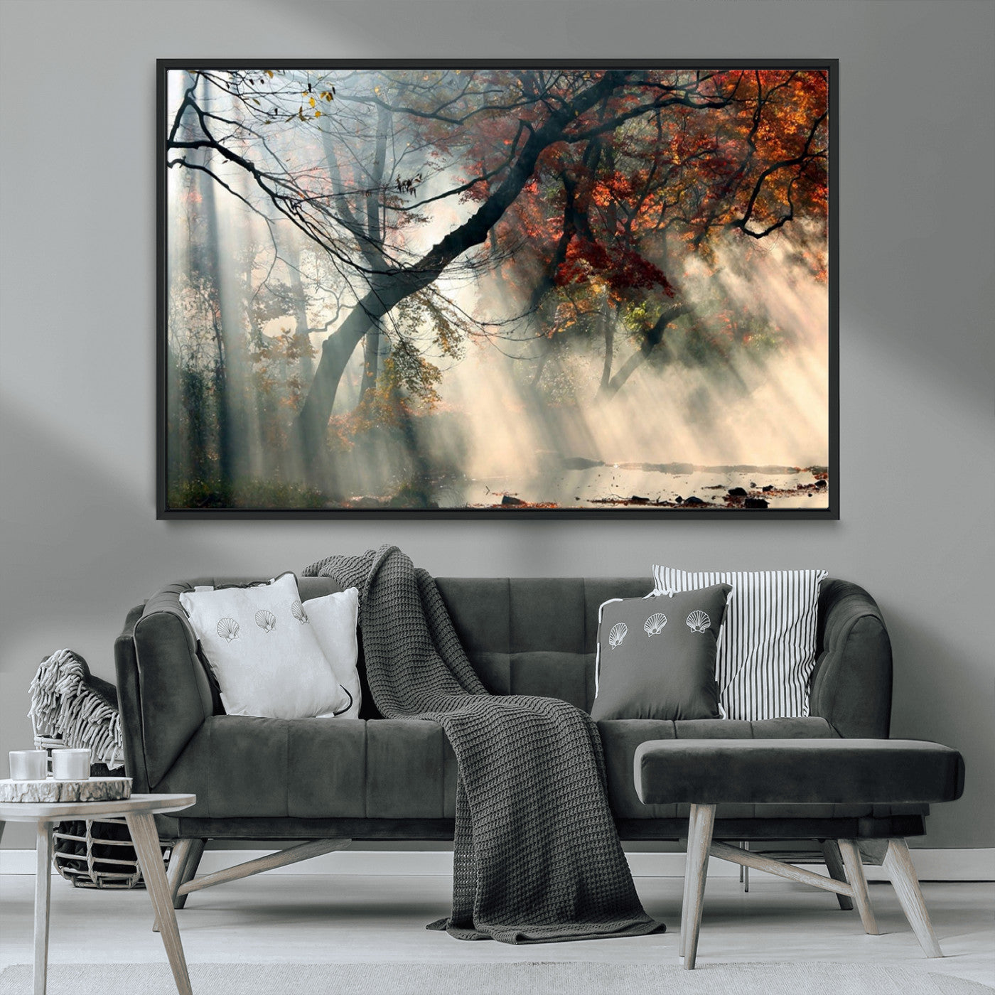 36043878-MGV-CV-36X24-Sunlit Autumn Forest Mist Trees Rays Fog Nature Scenic Peaceful Tranquil Leaves Landscape Morning