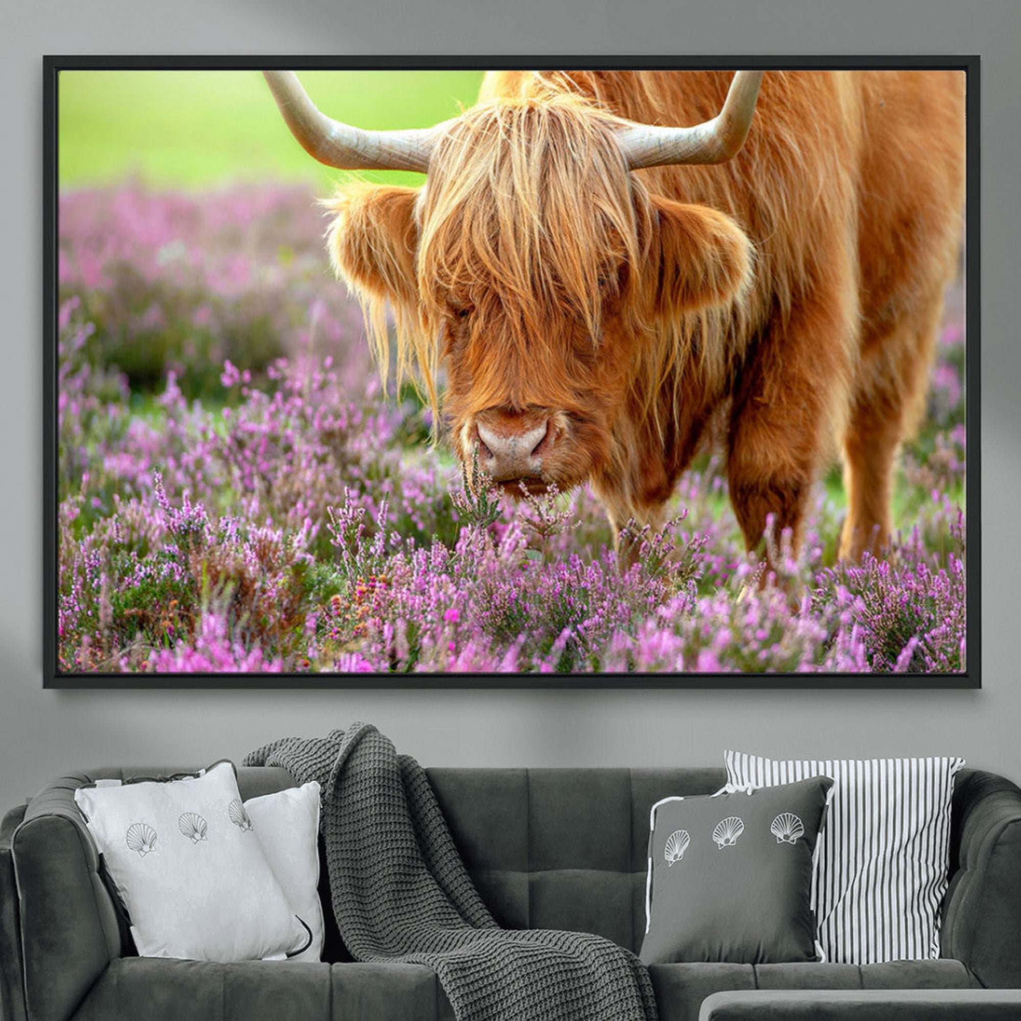 -Highland Cow Wall Art Canvas Print – Framed Purple Flowers Scene with Grazing Animal Artwork for Home, Office