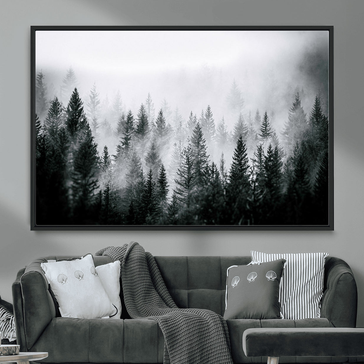 MGV-FC-36X24 - Foggy Pine Forest Canvas Wall Art, Horizontal Black and White Nature Landscape Print for Modern Home Decor