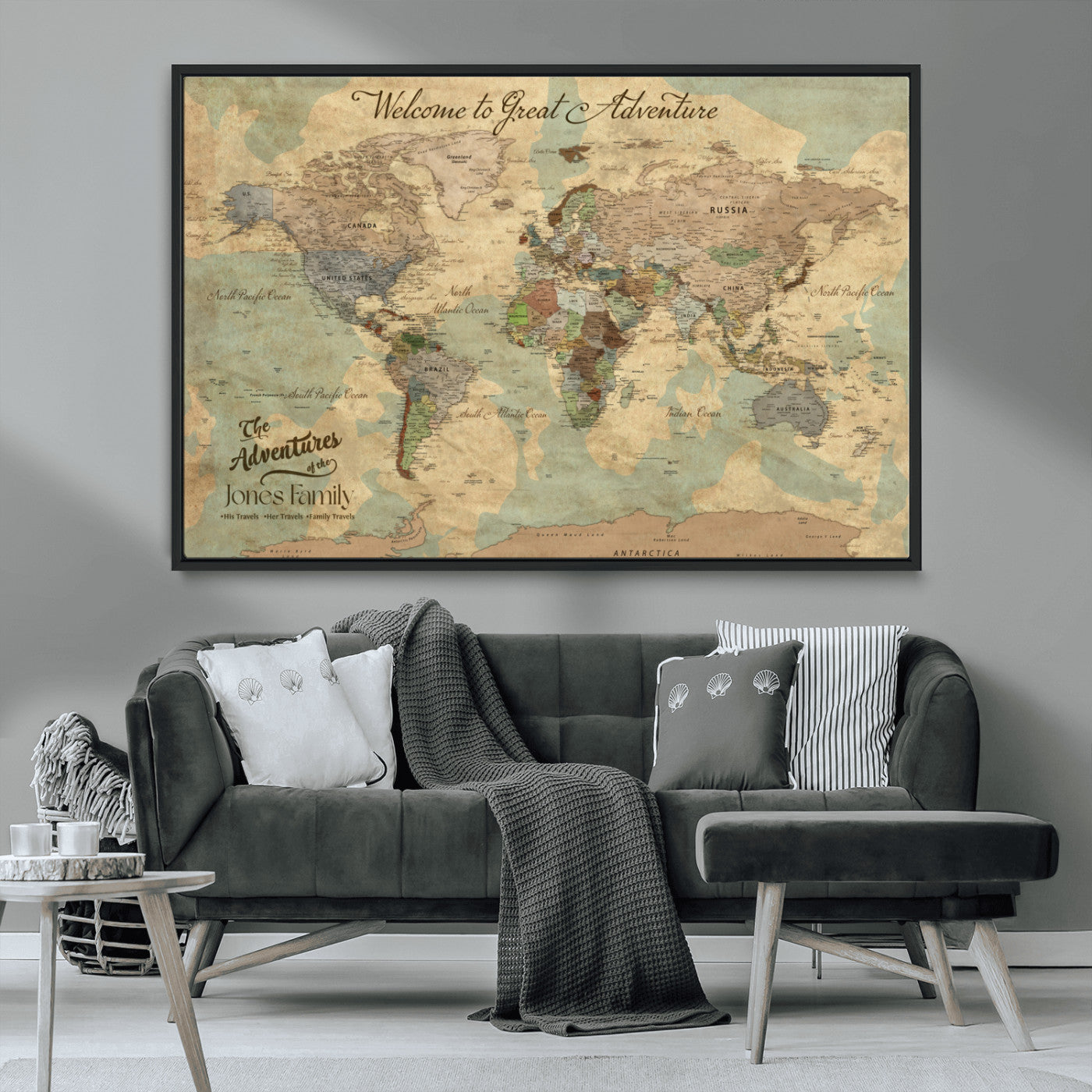 70680424-MGV-CV-36X24-Personalized World Map Wall Art Canvas Print – Customizable Push Pin Framed Travel Map Artwork for Home Office