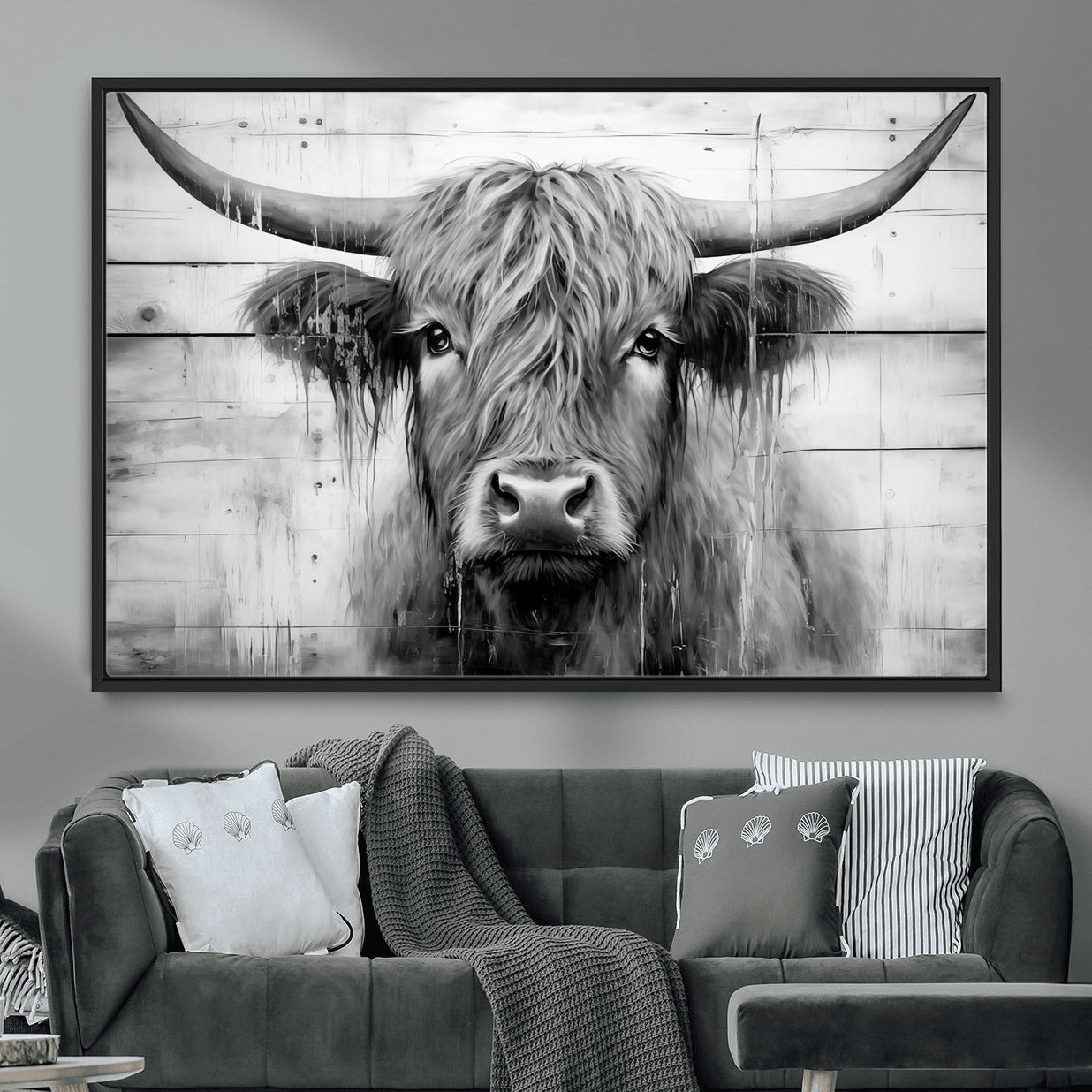 1001HASAN27-MGV-FC-36X24 - Black White Highland Cow Wall Art Canvas Print