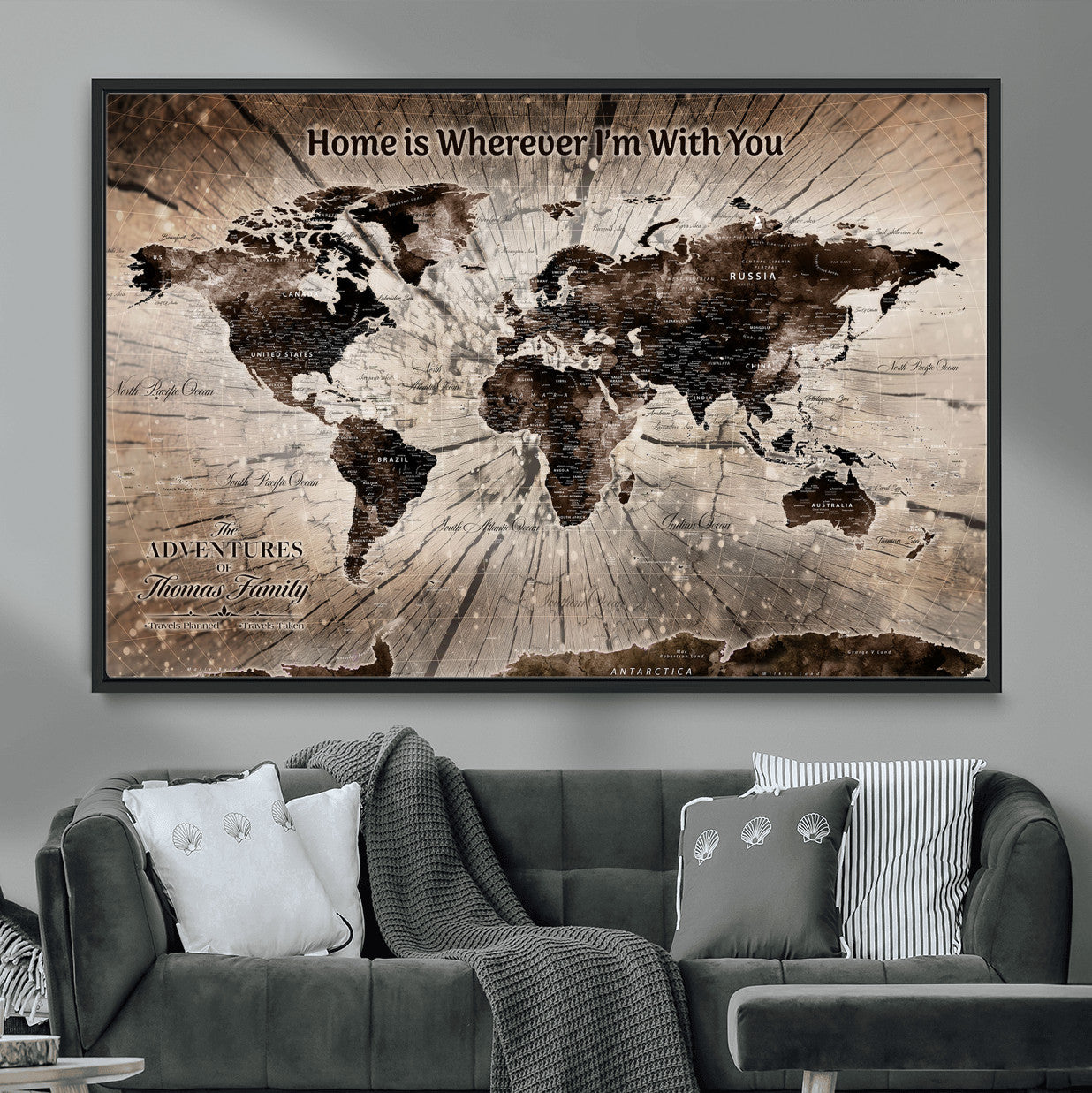 72371980-MGV-FC-36X24 - Personalized World Map Wall Art – Customizable Push Pin Framed Canvas Print Unique Travel Decor for Home, Office