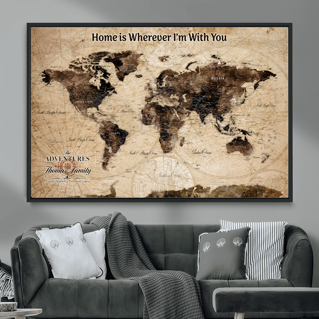 31398786-MGV-FC-36X24 - Personalized World Map Wall Art – Custom Framed Push Pin Travel Tracker Canvas Print Unique Gift for Home, Office
