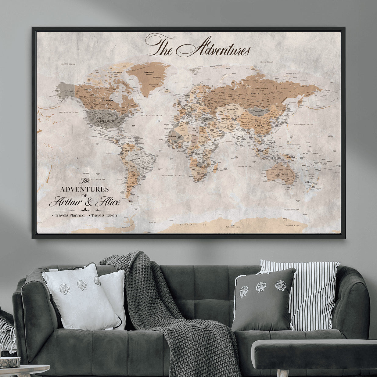 91774967-MGV-FC-36X24 - Personalized Push Pin World Map Canvas Print – Custom Framed Travel Tracker Artwork for Couples or Home Decor