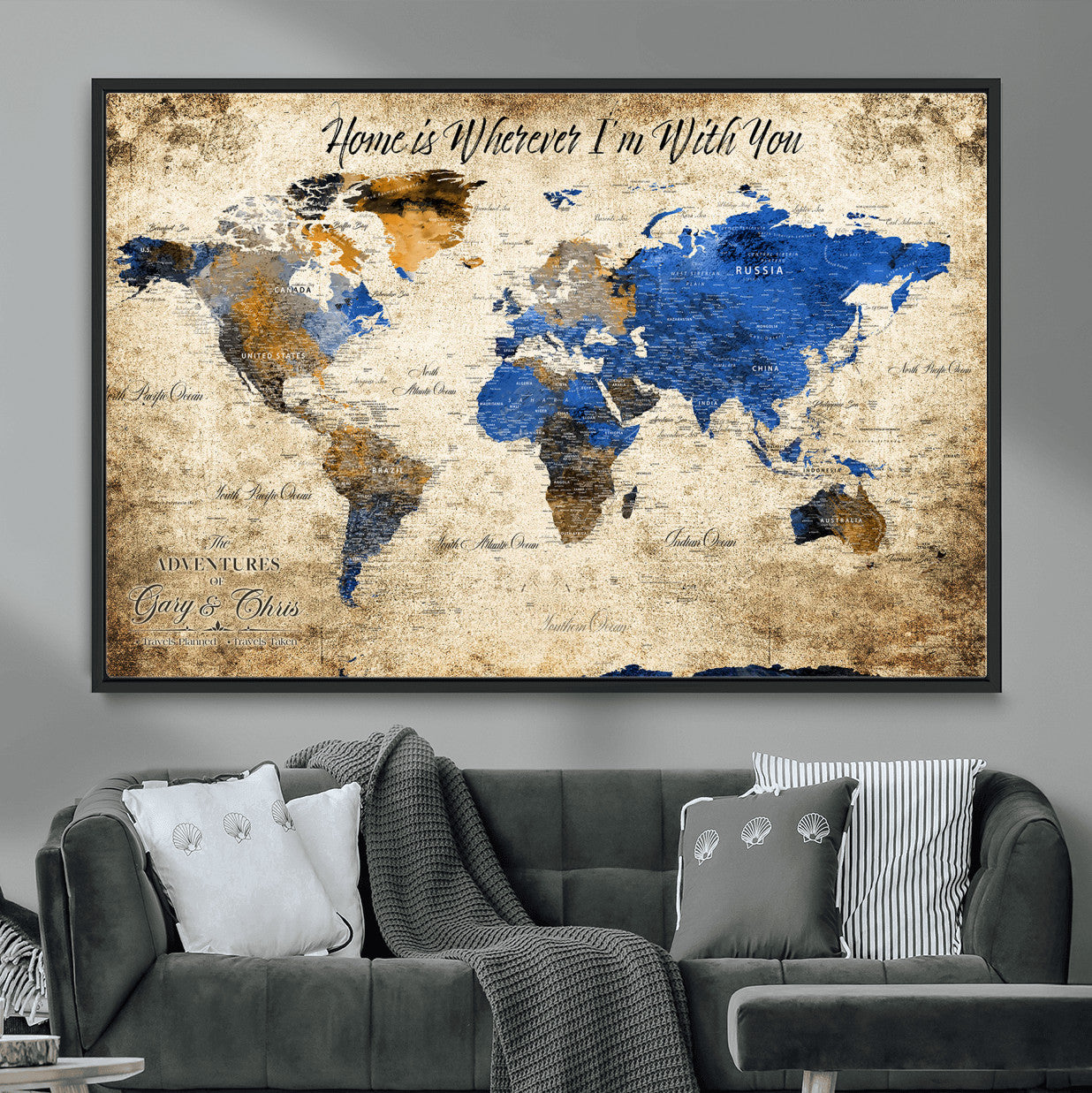 20854758-MGV-FC-36X24 - Personalized Push Pin World Map Canvas Print – Custom Framed Travel Tracker Artwork with Pins for Home and Office Decor