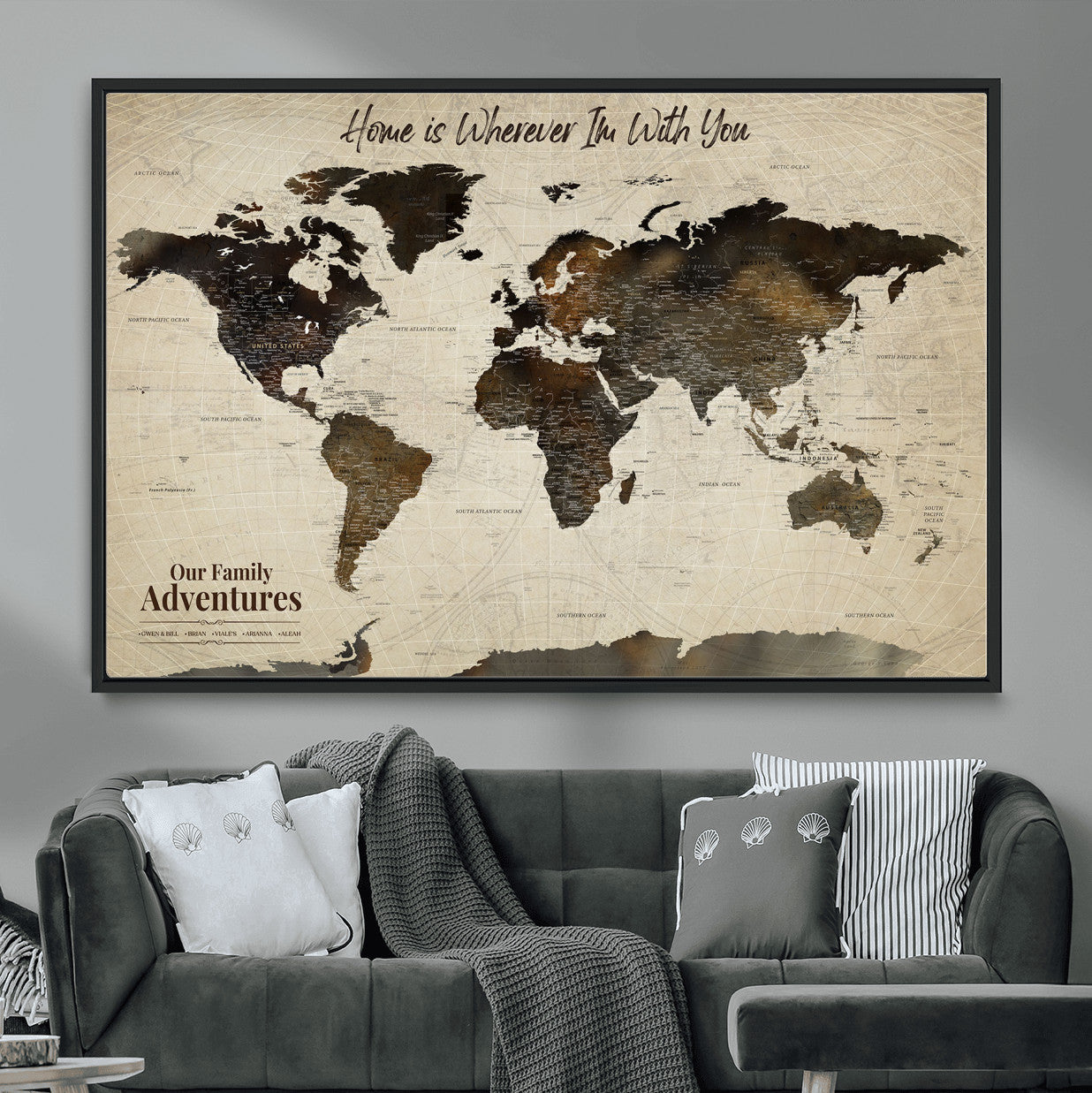 57979837-MGV-FC-36X24 - Personalized Push Pin World Map Canvas Print – Custom Framed Travel Tracker Wall Art Large Map Artwork for Home, Office