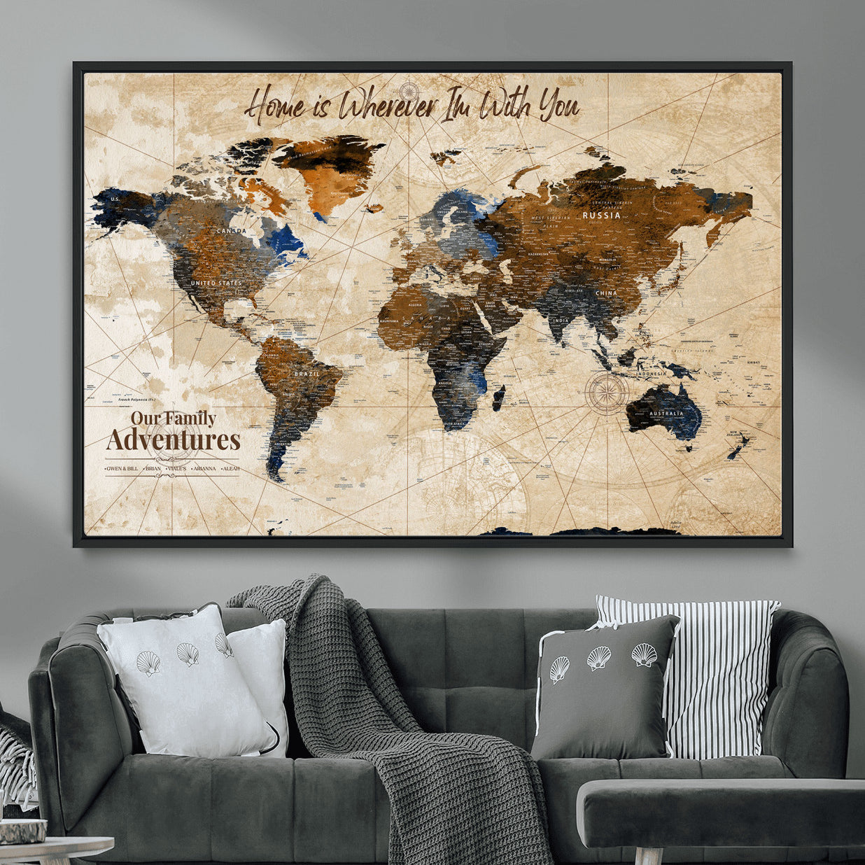 37709027-MGV-FC-36X24 - Customized Push Pin World Map Wall Art Canvas Print with Pins, Vintage Personalized Travel Tracker Map, Framed World Map for Living Room, Office and Home Decor