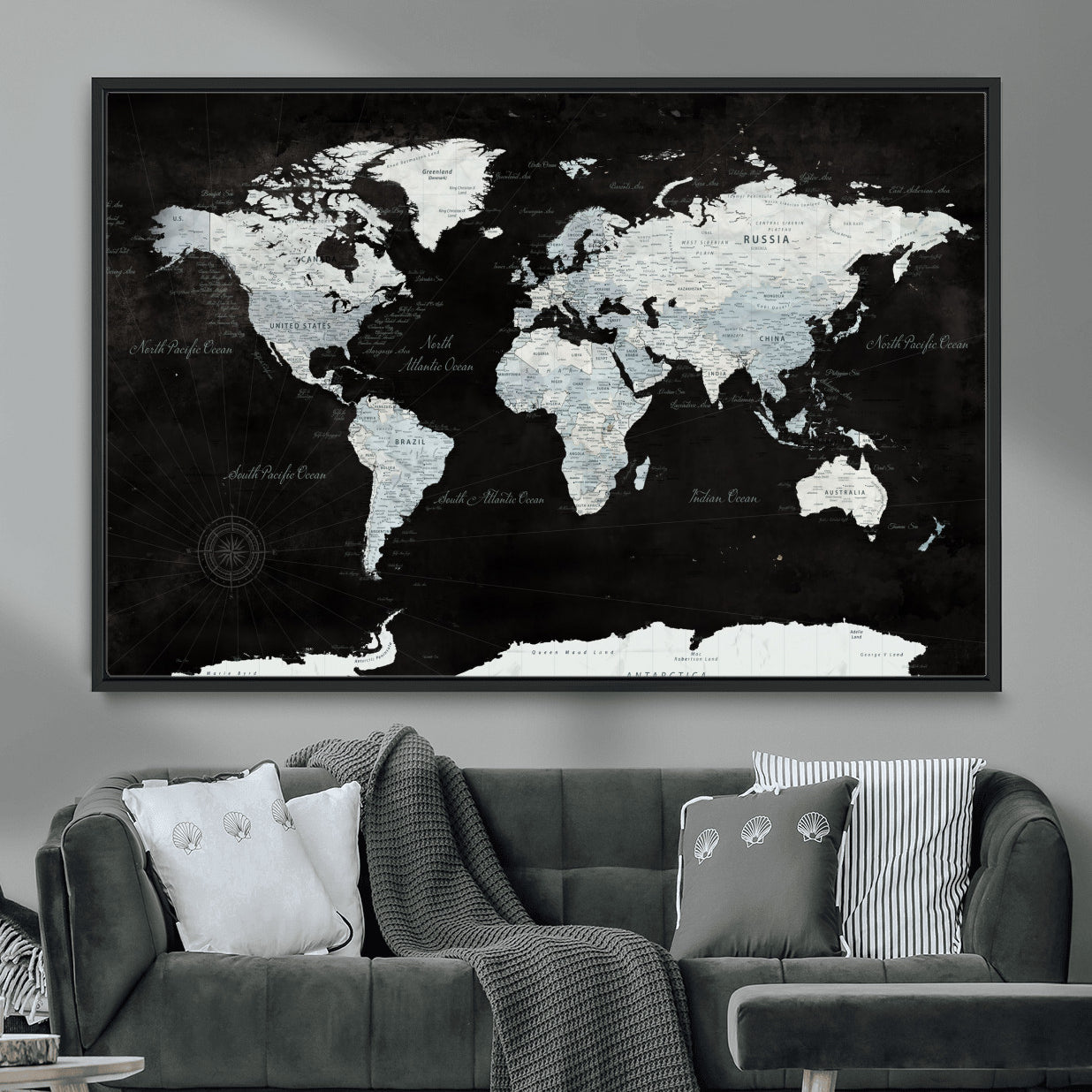 30759283-MGV-FC-36X24 - World Map Wall Art Canvas Print, Modern Decorative Framed Map Artwork Prints for Living Room, Office, Bedroom Wall Decor