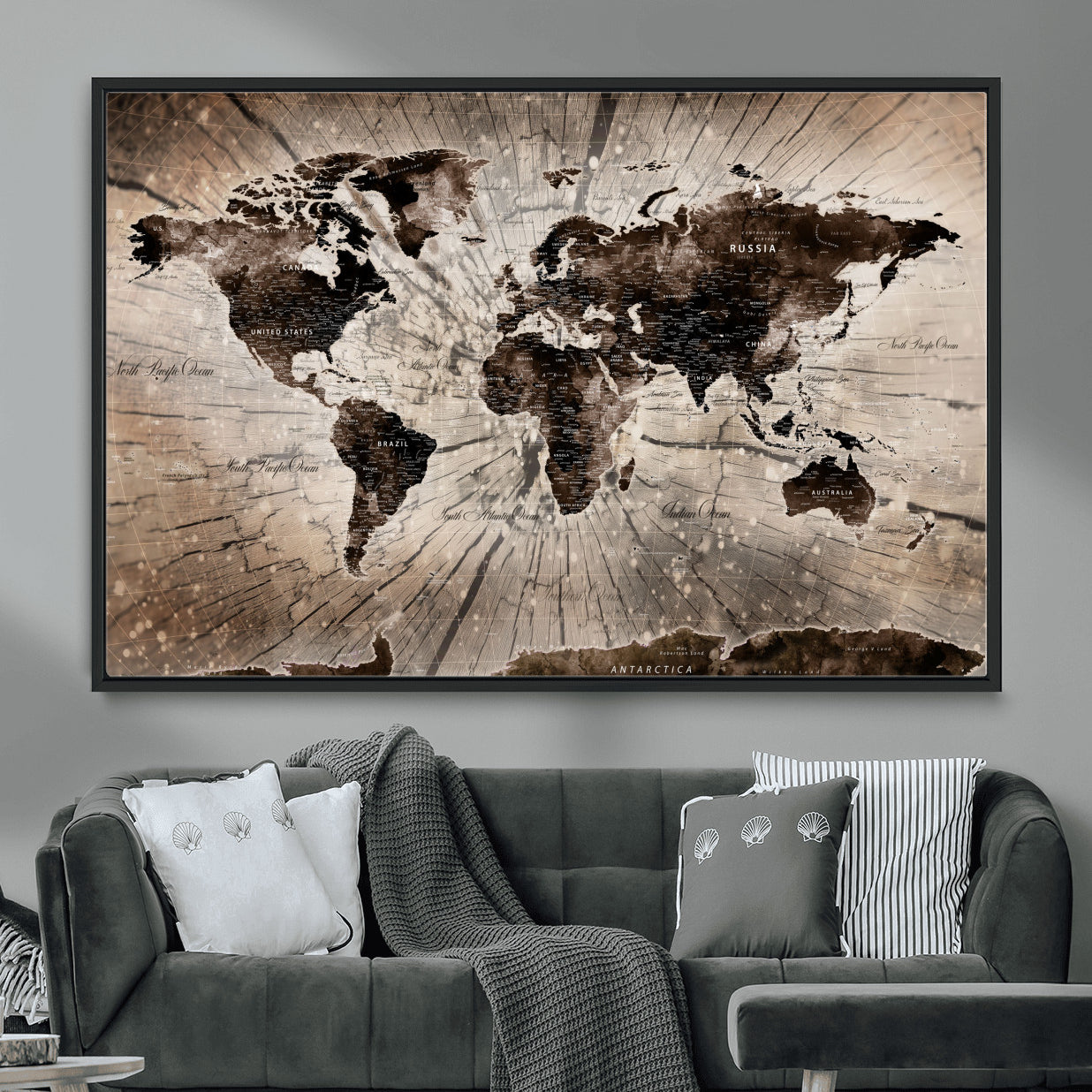 35326624-MGV-FC-36X24 - World Map Wall Art Canvas Print, Modern Decorative Framed Map Artwork Prints for Living Room, Office, Bedroom Wall Decor