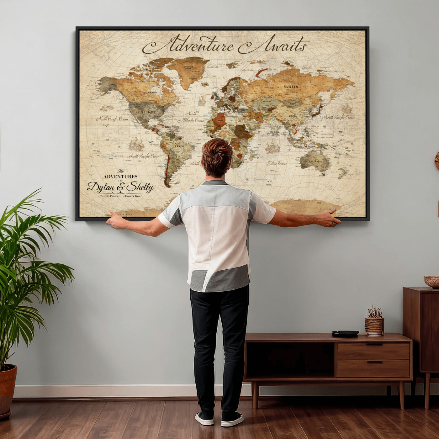 17298116-MGV-FC-36X24 - Custom World Map Wall Art Canvas Print with Pins, Framed Personalize Push Pin Travel Tracker Map, World Map for Living Room and Office Decor