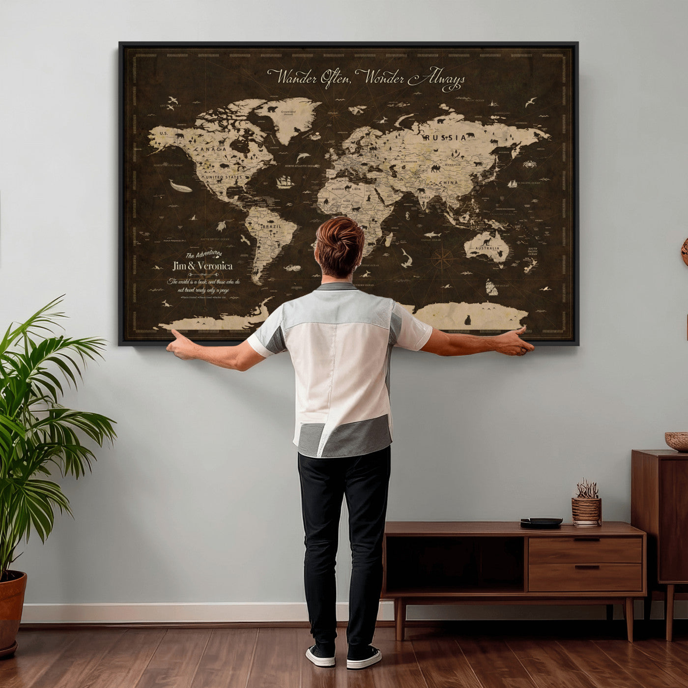 85776859-MGV-FC-36X24 - Personalize Push Pin World Map Wall Art Canvas Print with Pins, Framed Personalize Travel Tracker Map, World Map for Living Room and Office Decor
