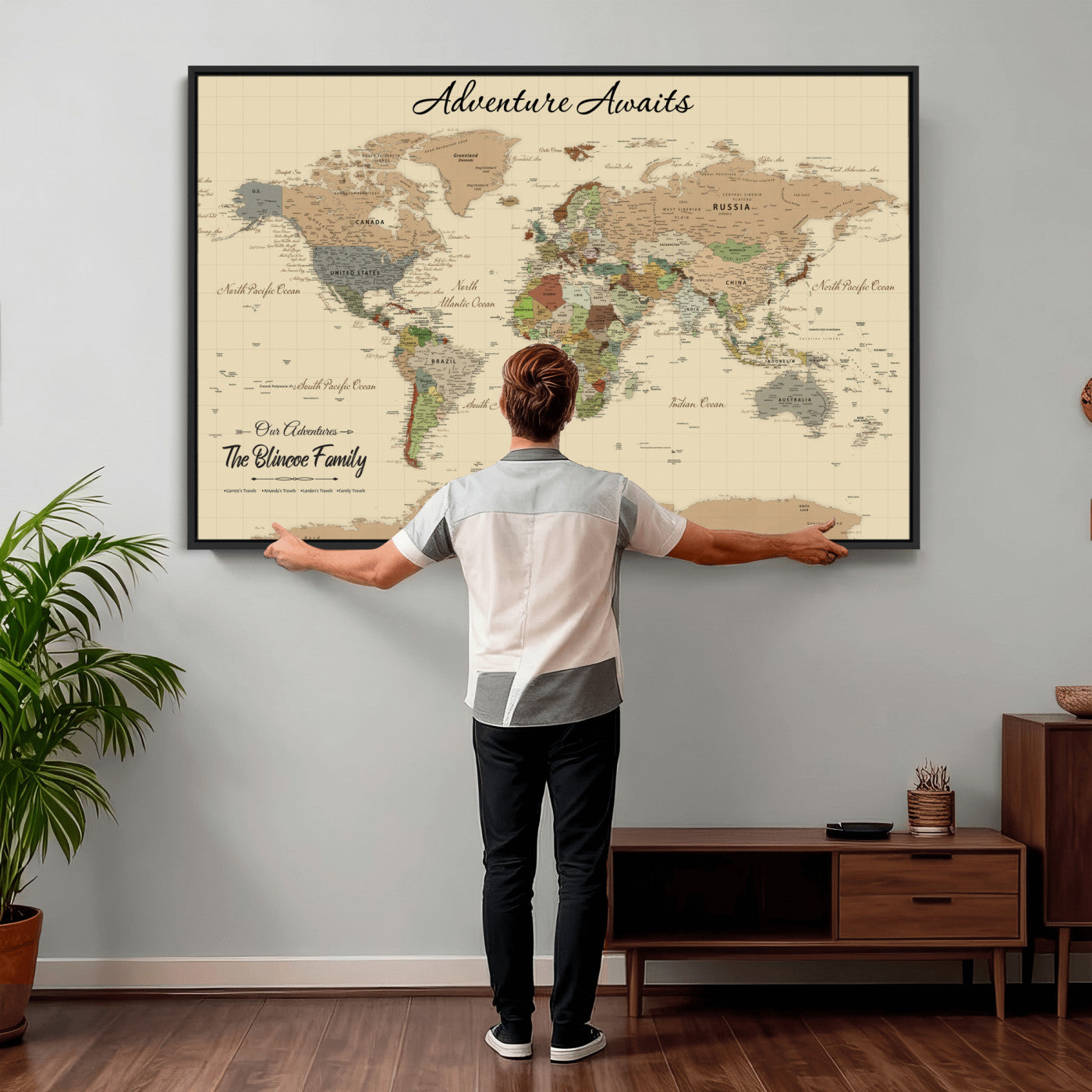 63407426-MGV-FC-36X24 - Customized Push Pin World Map Wall Art Canvas Print with Pins, Framed Personalize Travel Tracker Map, World Map for Living Room and Office Decor