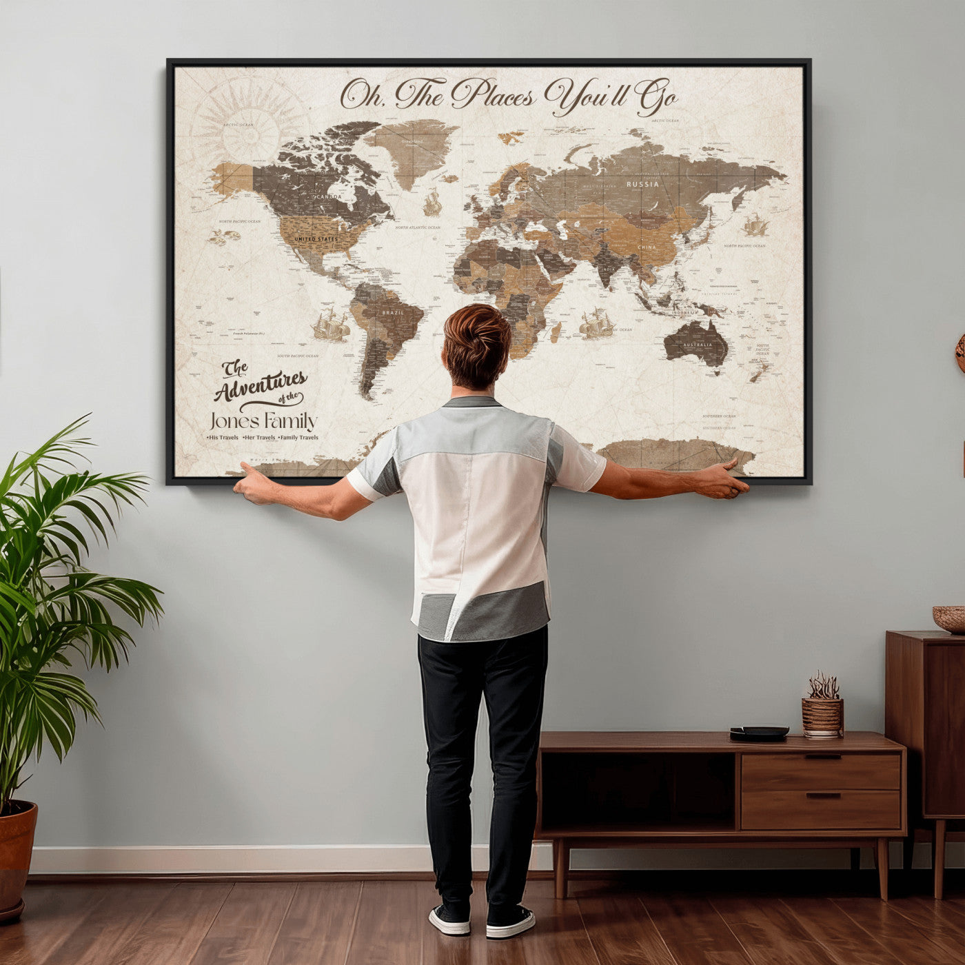 97885954-MGV-FC-36X24 - Customized Push Pin World Map Wall Art Canvas Print with Pins, Framed Personalize Travel Tracker Map, World Map for Living Room and Office Decor