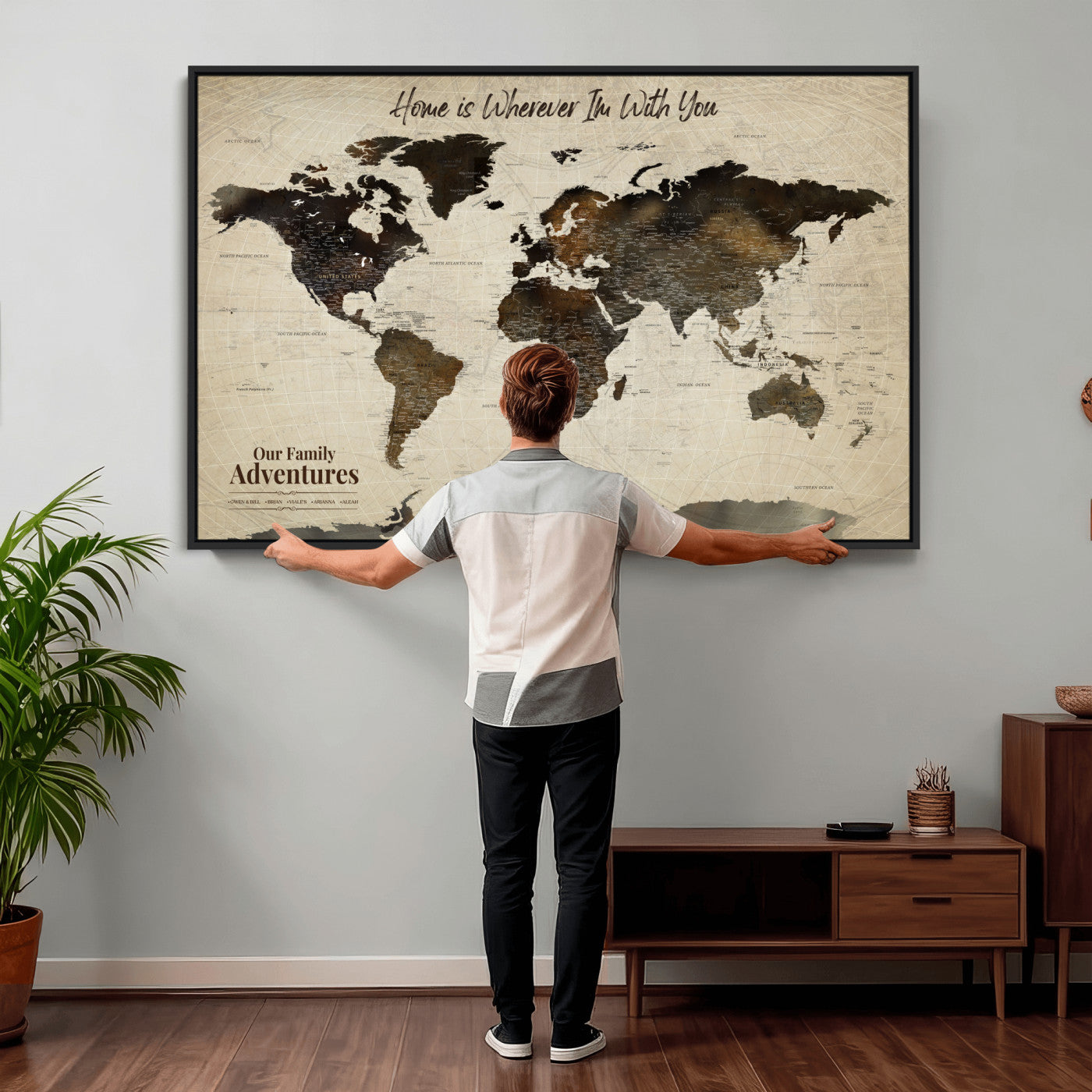 44658041-MGV-FC-36X24 - Customized Push Pin World Map Wall Art Canvas Print with Pins, Framed Personalize Travel Tracker Map, World Map for Living Room and Office Decor