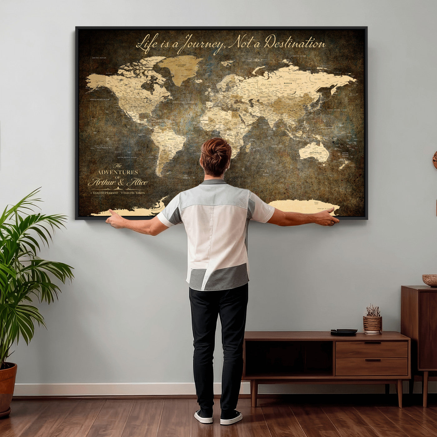 75877068-MGV-CV-36X24 - Custom Push Pin World Map Wall Art Canvas Print β Personalized Travel Tracker with Pins Framed Large for Home and Office Decor