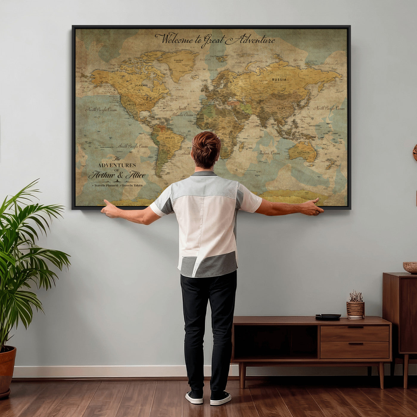 37903085-MGV-CV-36X24 - Custom Push Pin World Map Wall Art Canvas Print – Personalized Travel Tracker with Pins Framed Large for Home and Office Decor