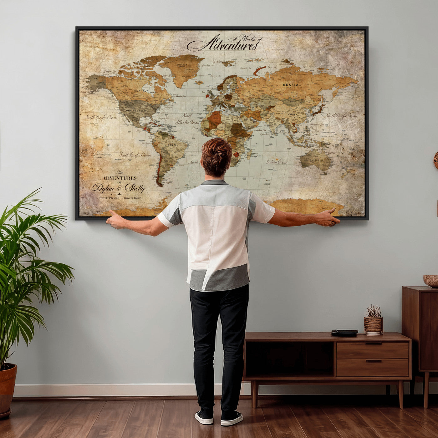 54461872-MGV-CV-36X24 - Custom Push Pin World Map Wall Art Canvas Print - Personalized Travel Tracker with Pins Framed Large for Home and Office Decor