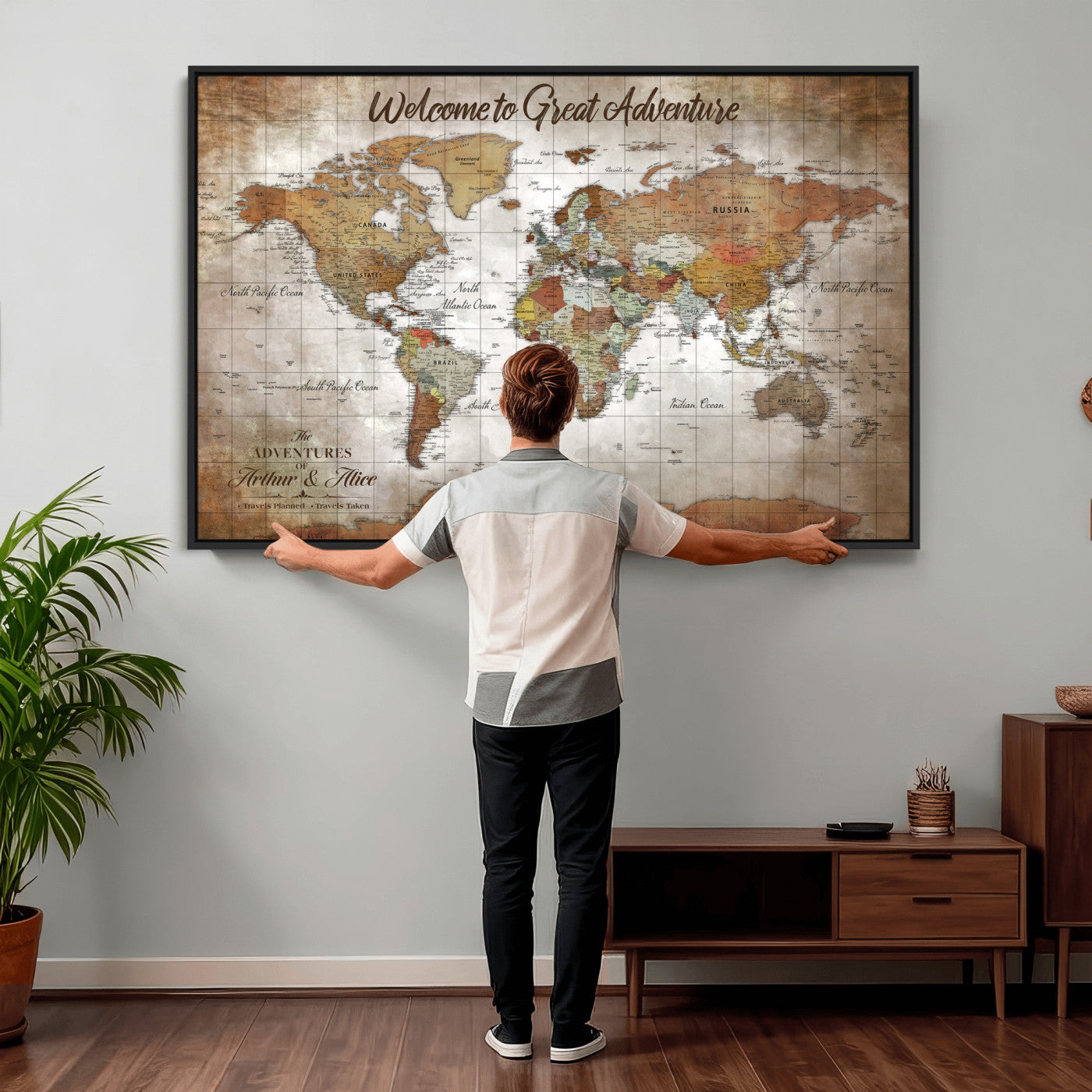 94821994-MGV-CV-36X24 - Custom Push Pin World Map Wall Art Canvas Print – Personalized Travel Tracker with Pins Framed Large for Home and Office Decor