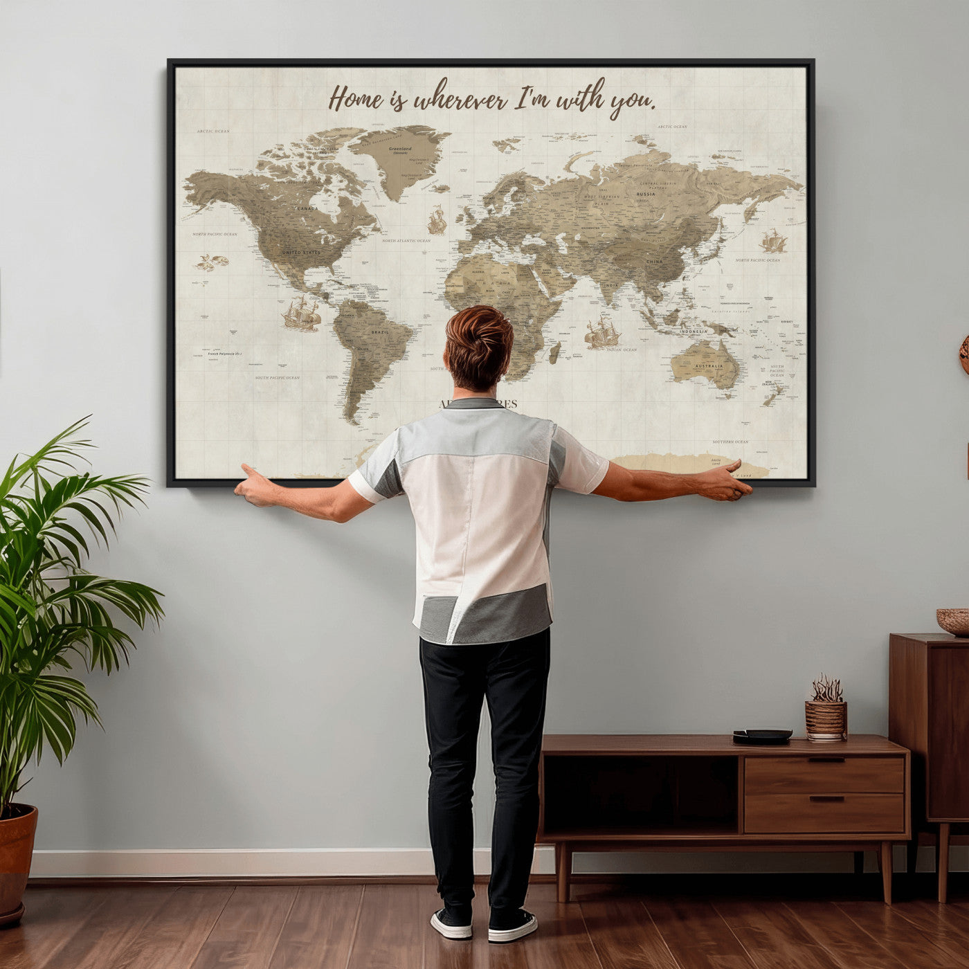 61351027-MGV-CV-36X24 - Custom Push Pin World Map Wall Art Canvas Print – Personalized Travel Tracker with Pins Framed Large for Home and Office Decor