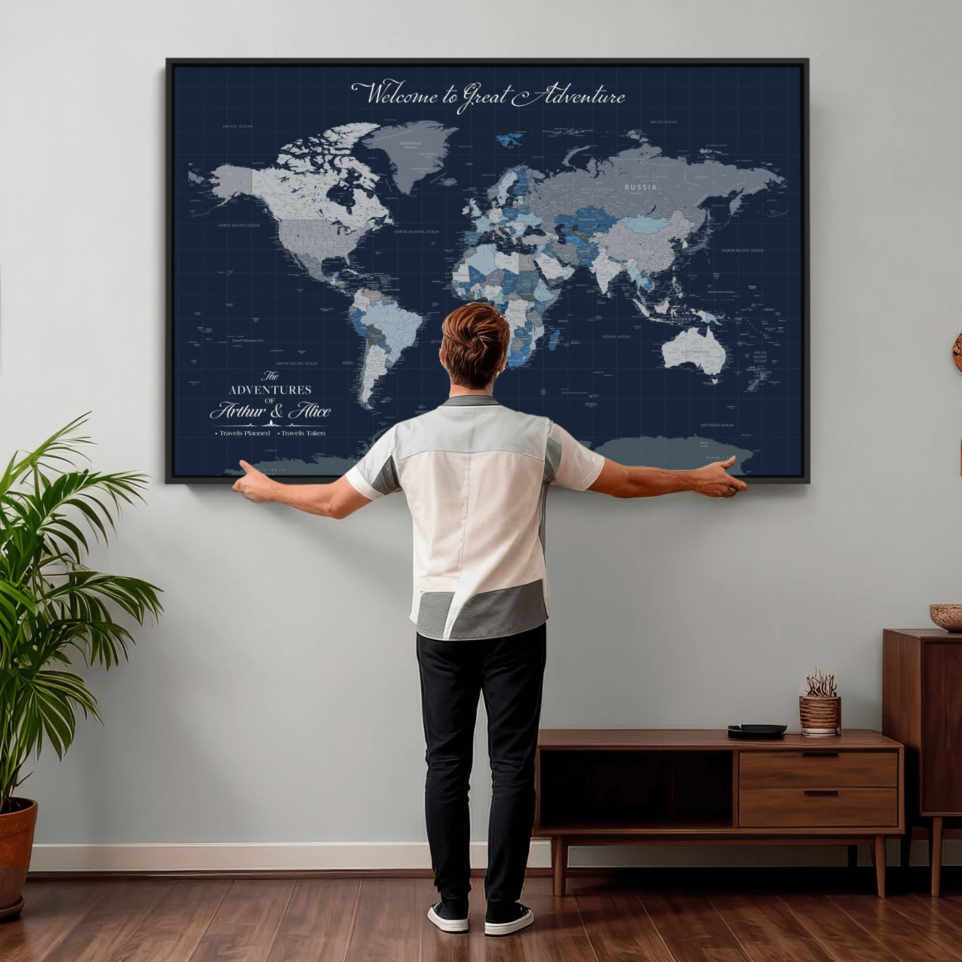51673389-MGV-CV-36X24 - Custom Push Pin World Map Wall Art Canvas Print – Personalized Travel Tracker with Pins Framed Large for Home and Office Decor