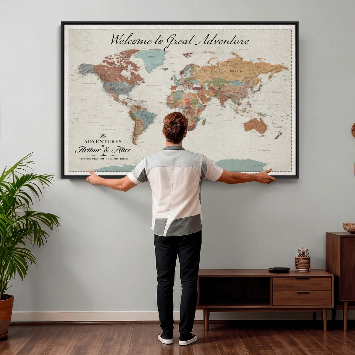 32470528-MGV-CV-36X24 - Custom Push Pin World Map Wall Art Canvas Print – Personalized Travel Tracker with Pins Framed Large for Home and Office Decor