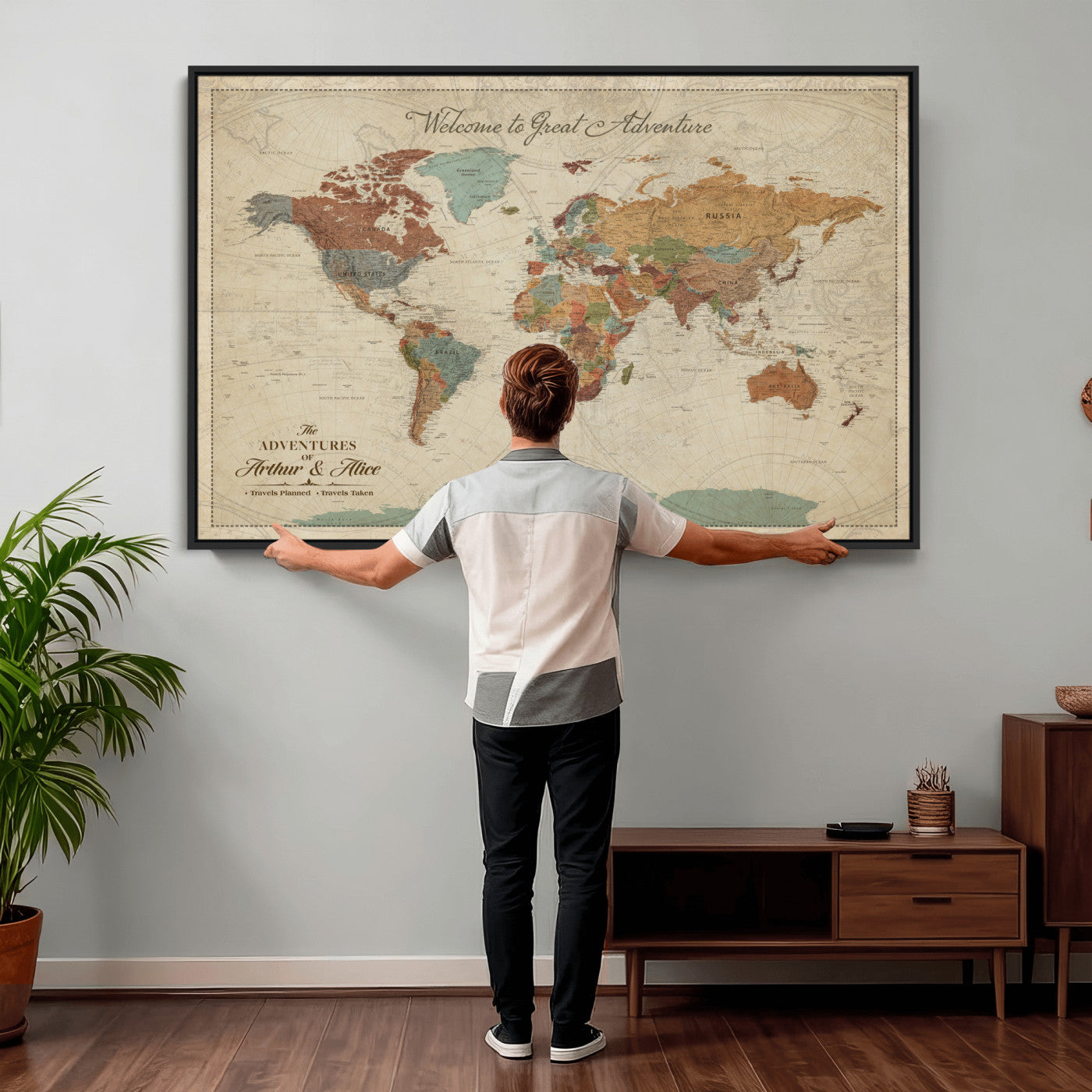 44361524-MGV-CV-36X24 - Custom Push Pin World Map Wall Art Canvas Print – Personalized Travel Tracker with Pins Framed Large for Home and Office Decor